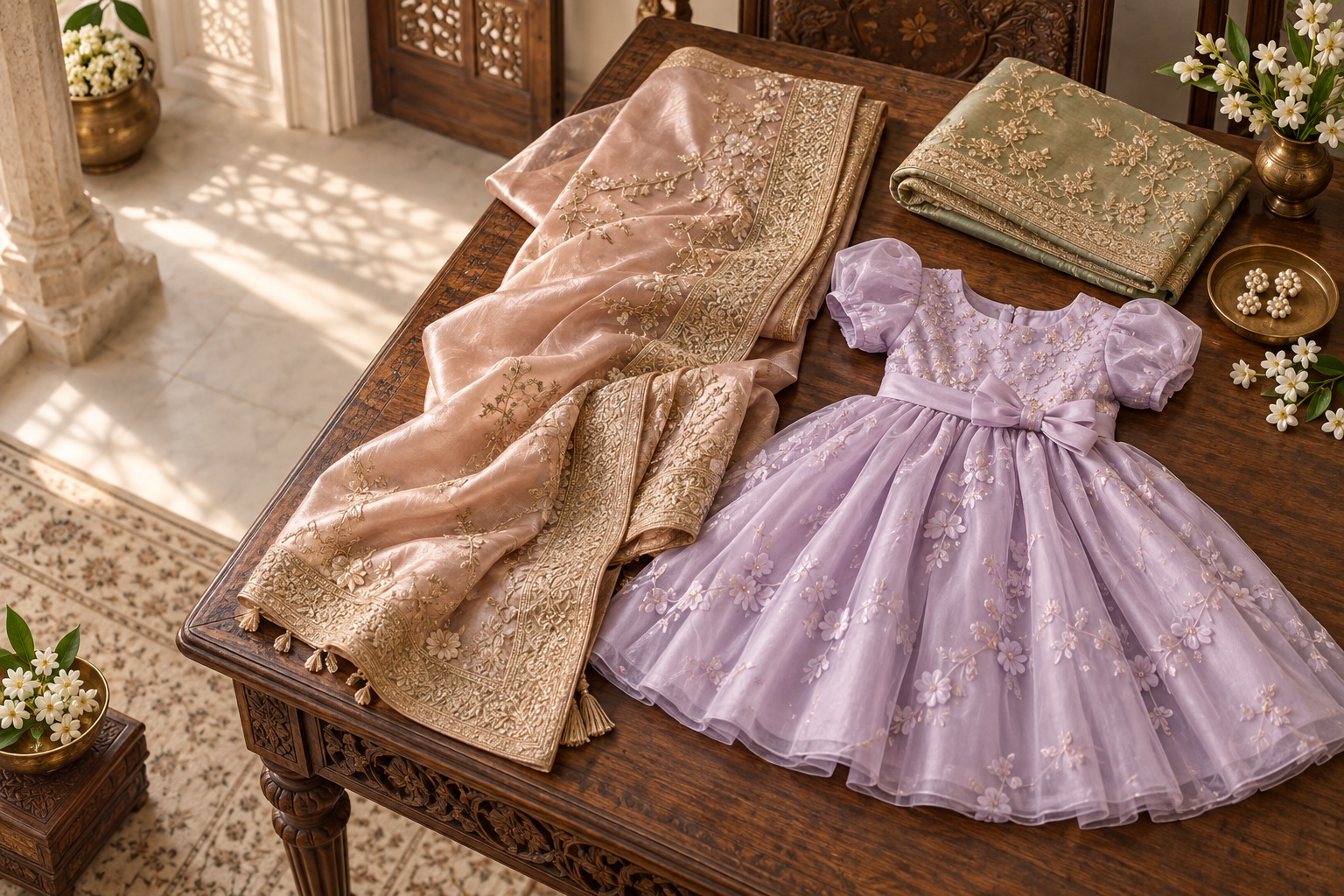 Rose and sage designer sarees beside a lavender little girl party dress on a carved wooden table