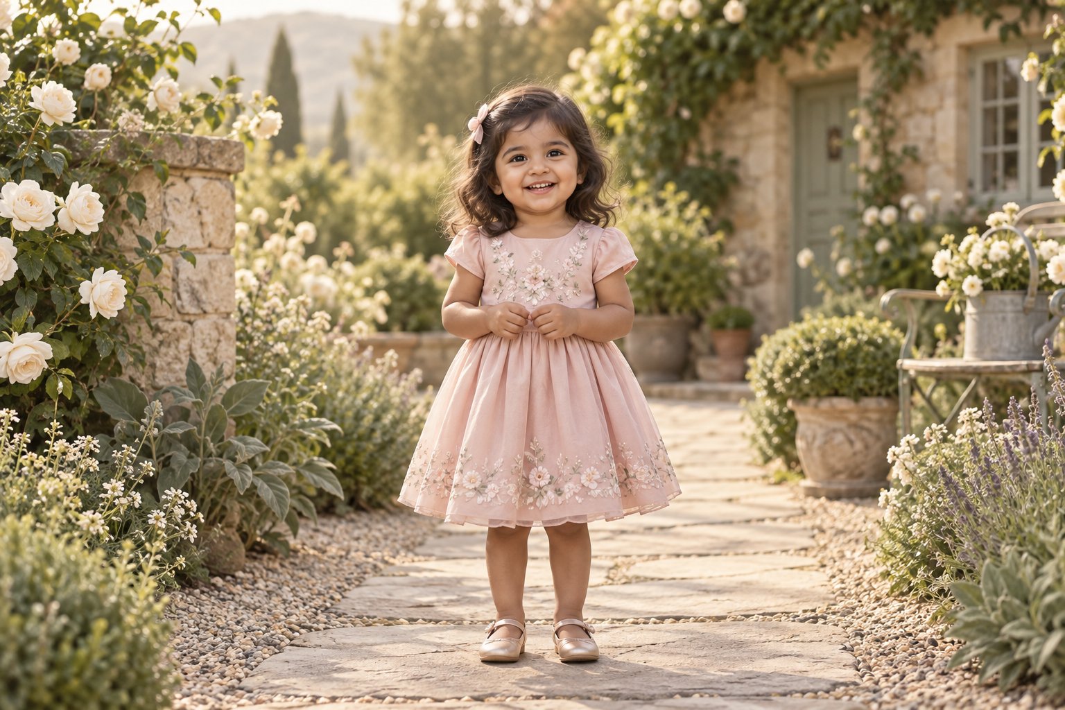 Toddler wearing a blush floral dress in a sunlit garden
