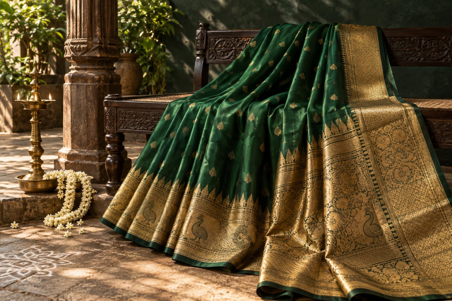 Emerald green Kanchipuram-inspired silk saree with ornate gold borders, styled with a traditional brass lamp and jasmine