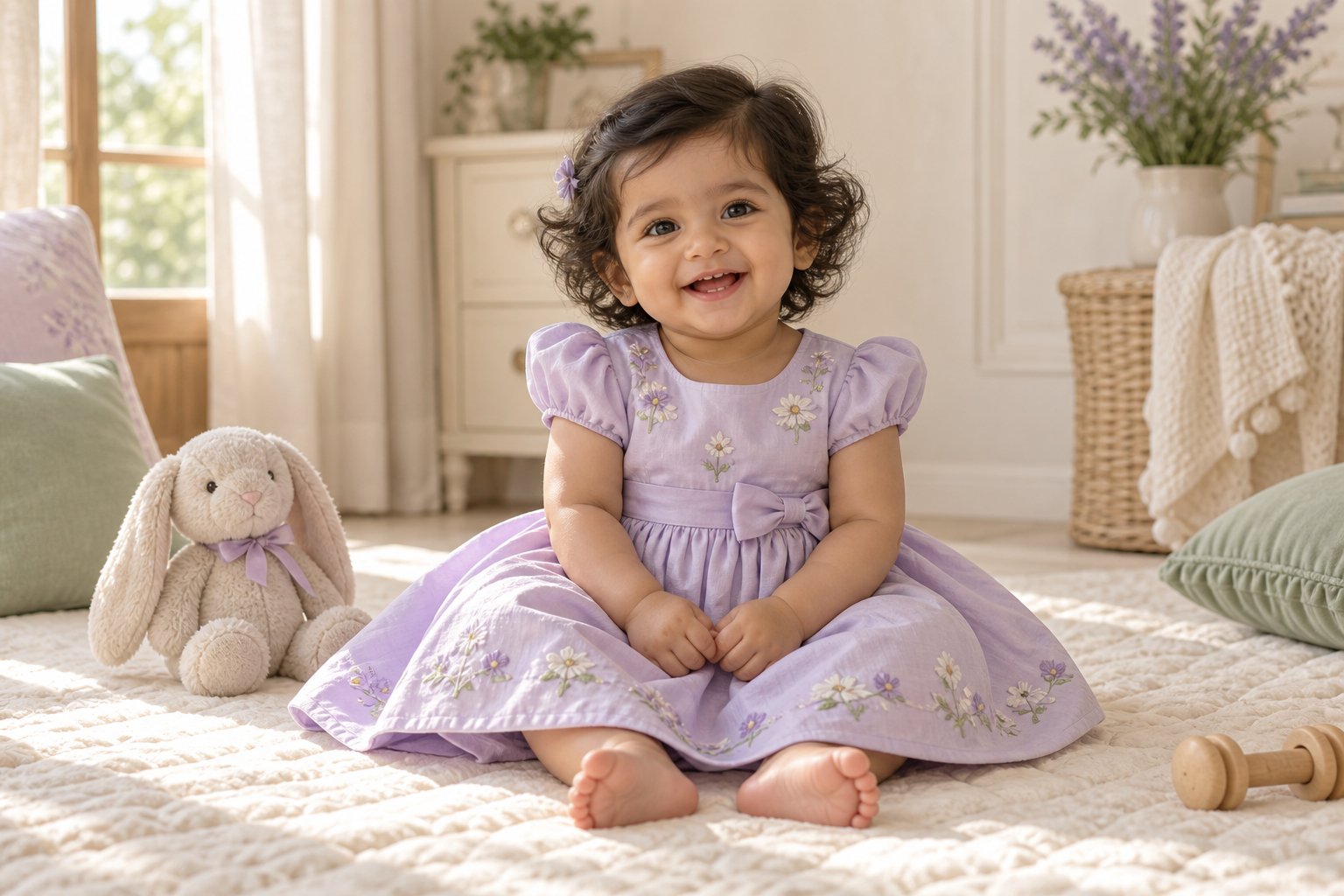 Baby in a lavender floral outfit