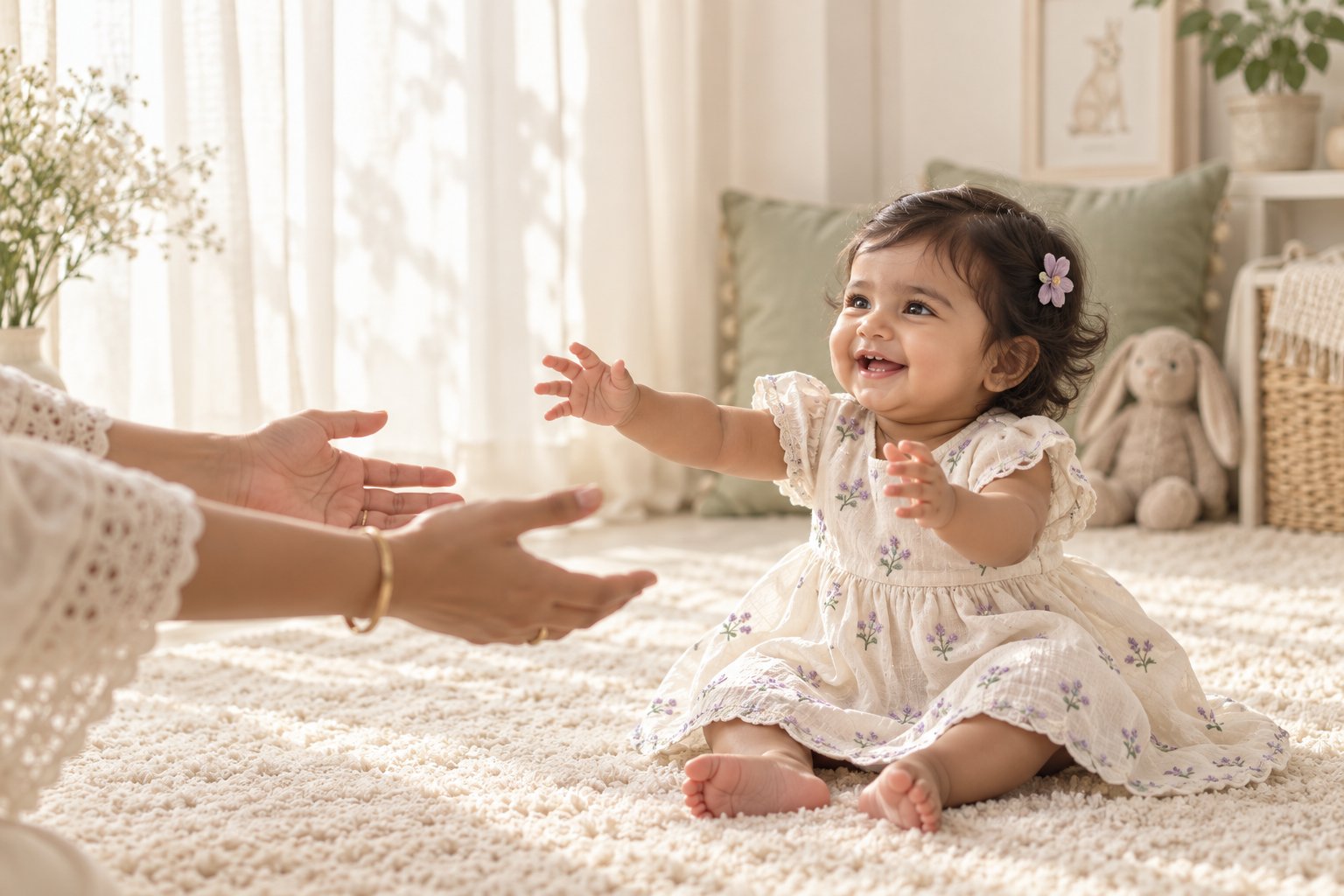 A baby reaching happily towards her mother's hands, a celebration of little everyday moments