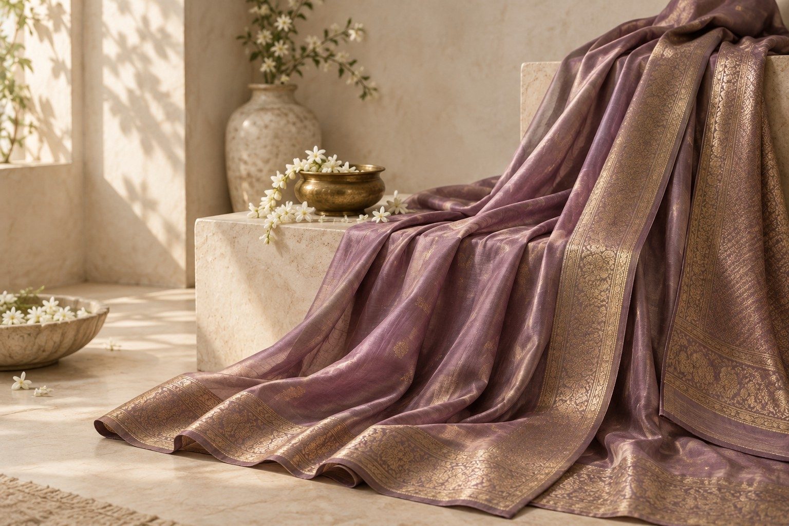 Lavender silk saree with a gold border