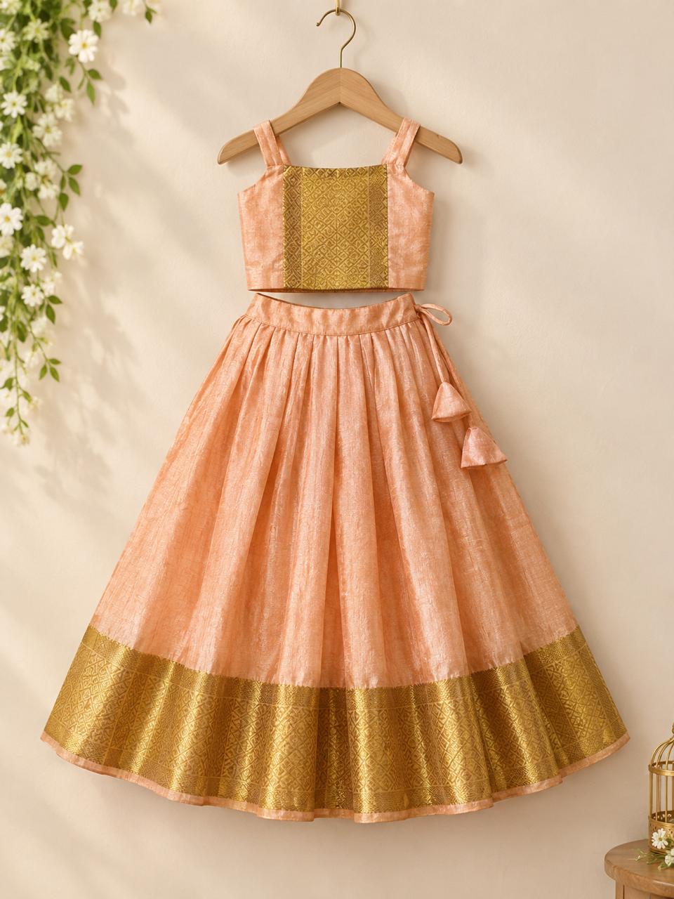 Peach Gold Zari Silk Lehanga photo 3