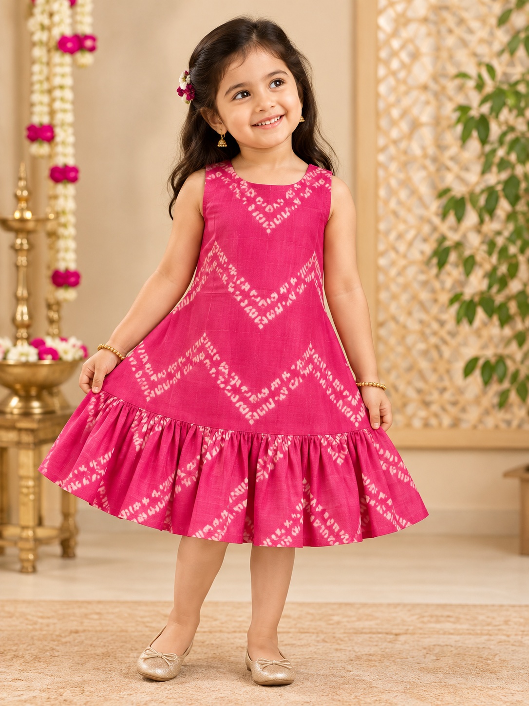 Rani Pink Chevron Print Tiered Dress