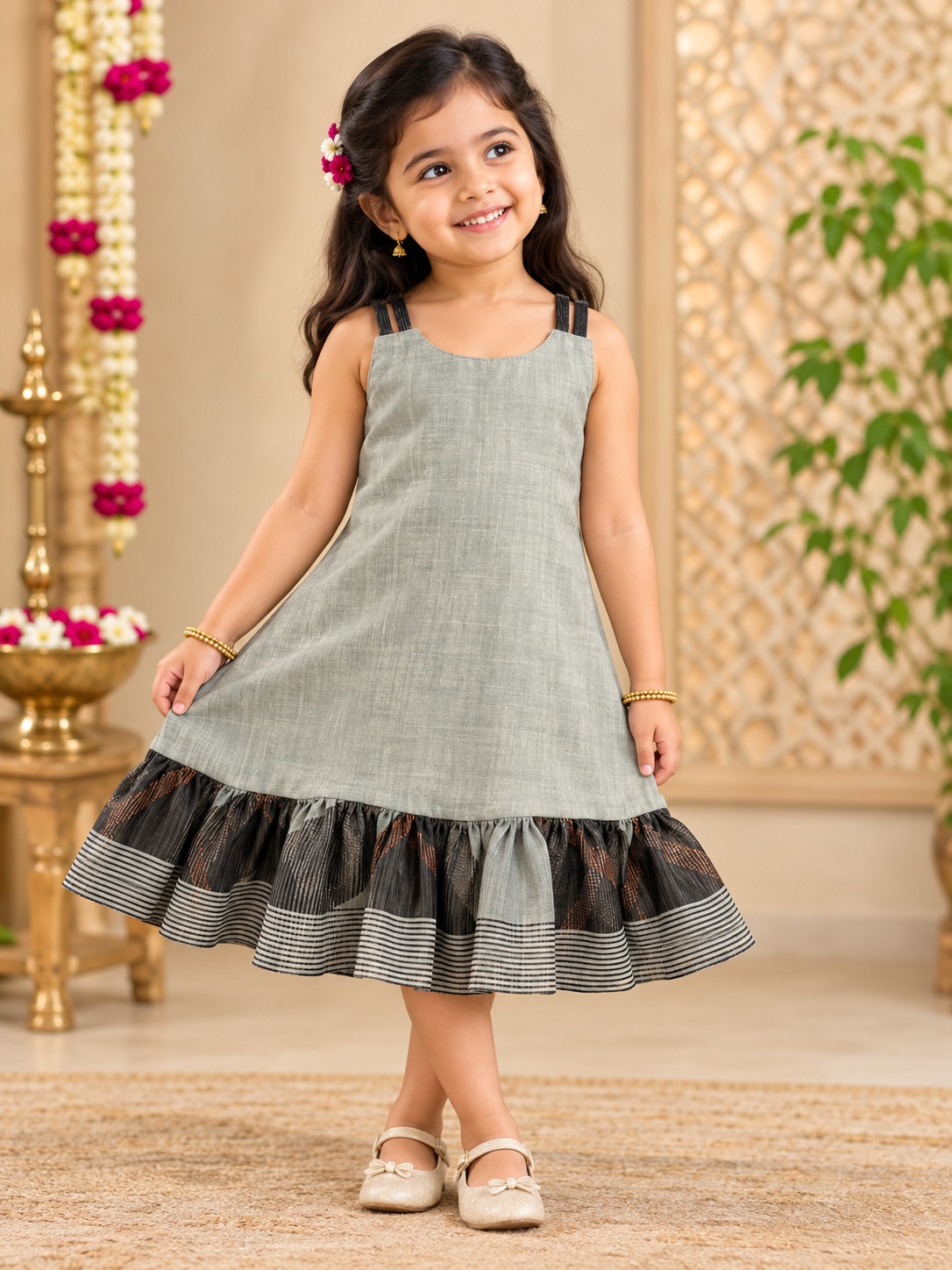 Sage Grey Leaf Print Ruffle Frock
