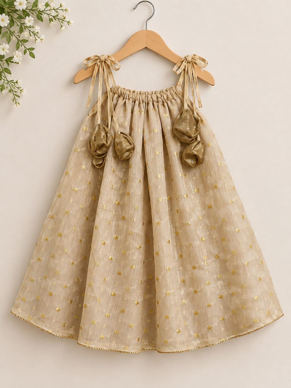 Golden Beige Rosette Tie-Strap Frock photo 3