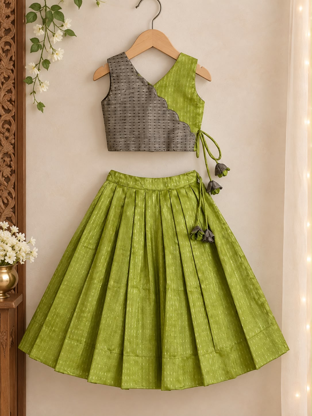 Olive Green Scallop Silk Lehanga photo 3