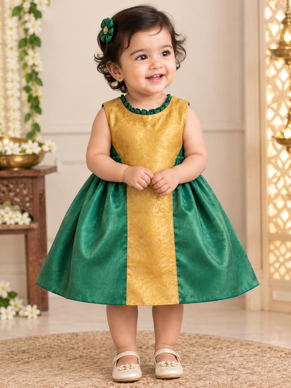 Emerald Gold Colorblock Silk Frock