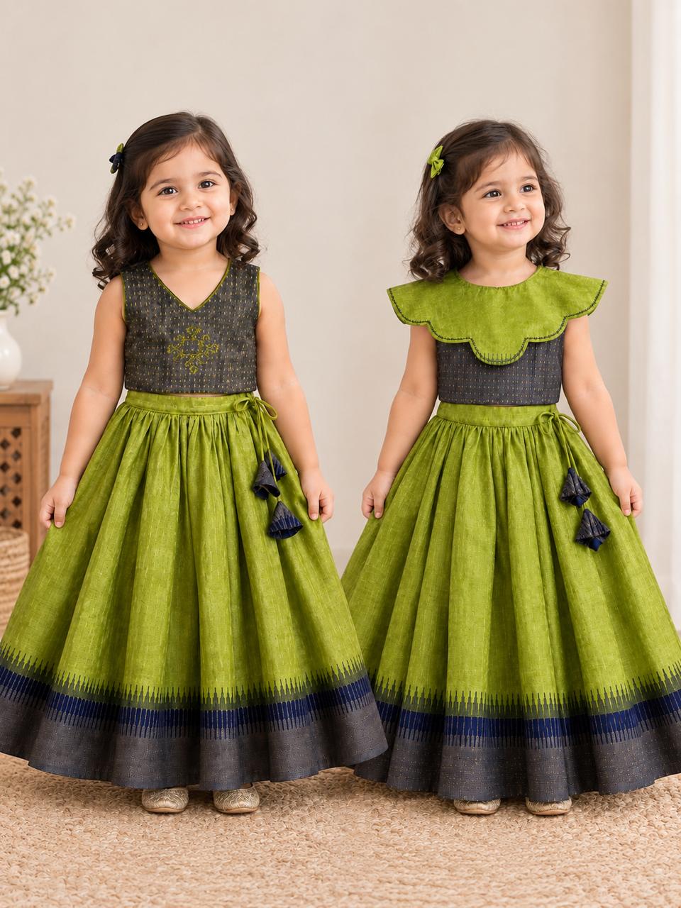 Green Navy Ikat Print Lehanga