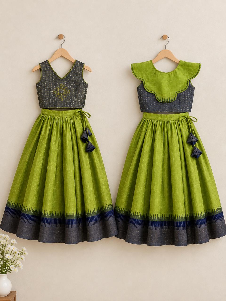 Green Navy Ikat Print Lehanga photo 3