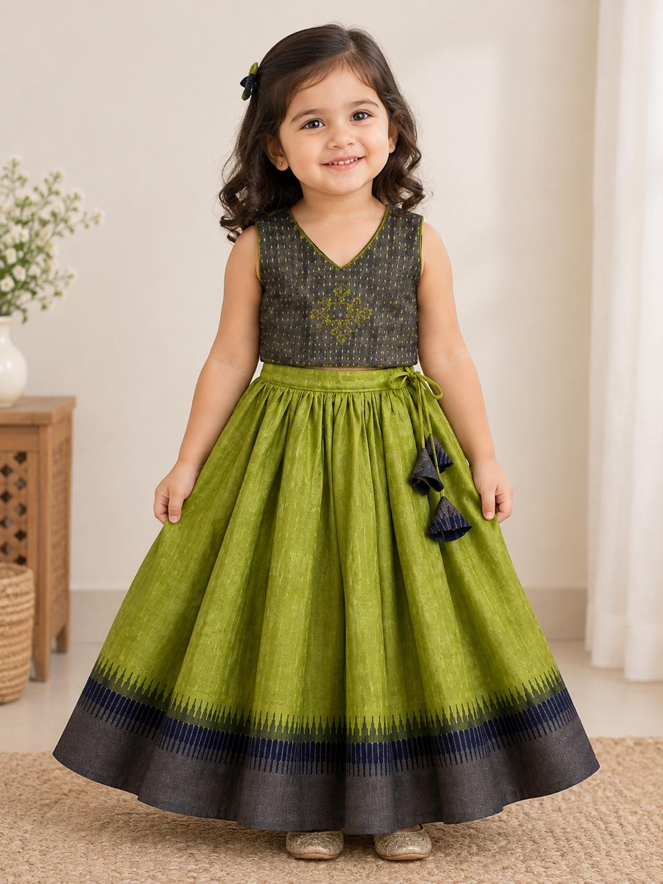 Green Navy Ikat Print Lehanga photo 6