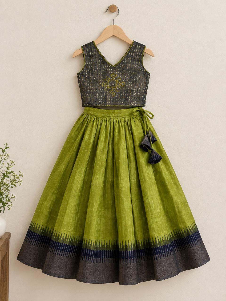 Green Navy Ikat Print Lehanga photo 11