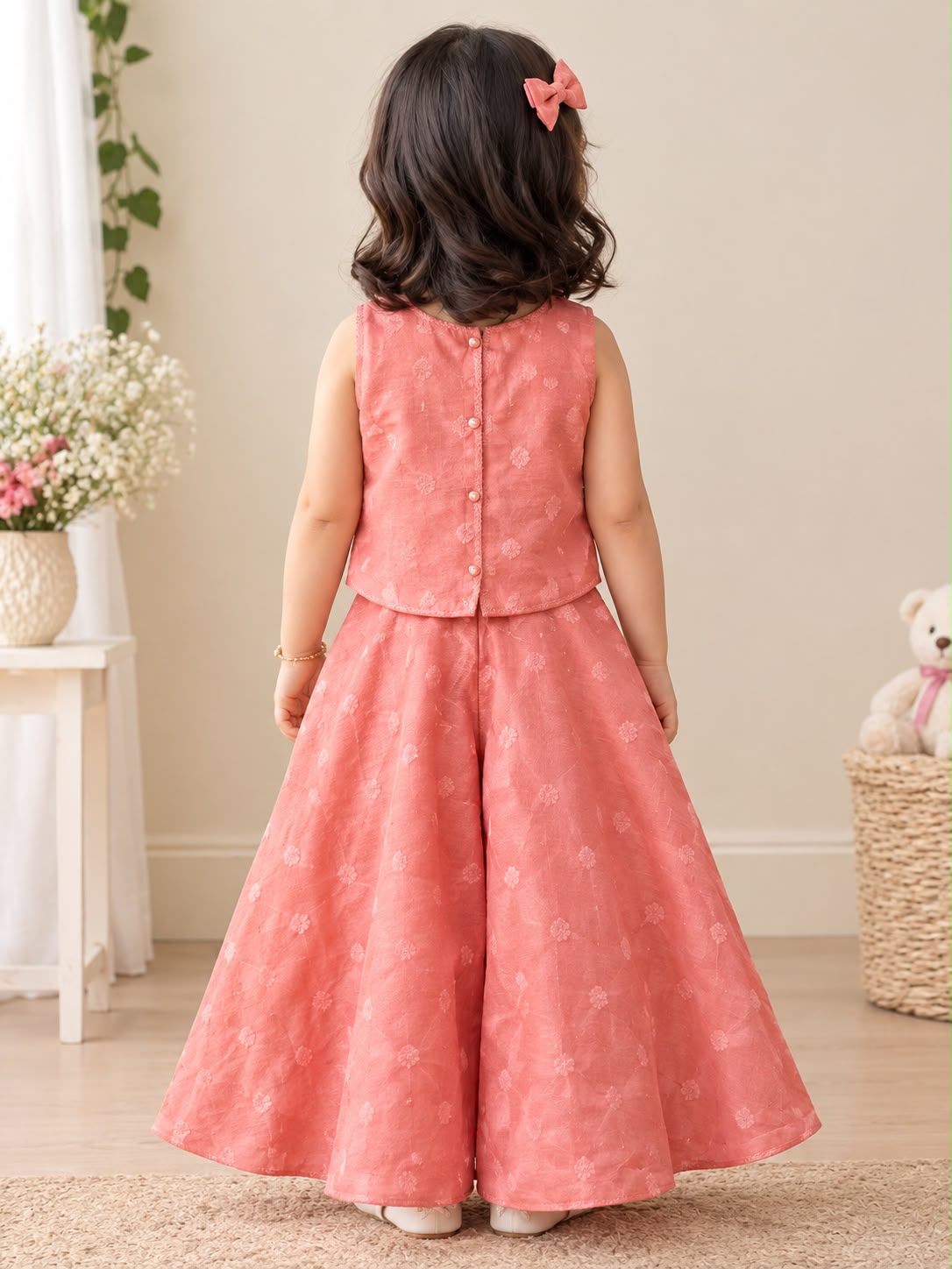 Coral Pink Bow Crop Top Palazzo Set photo 3