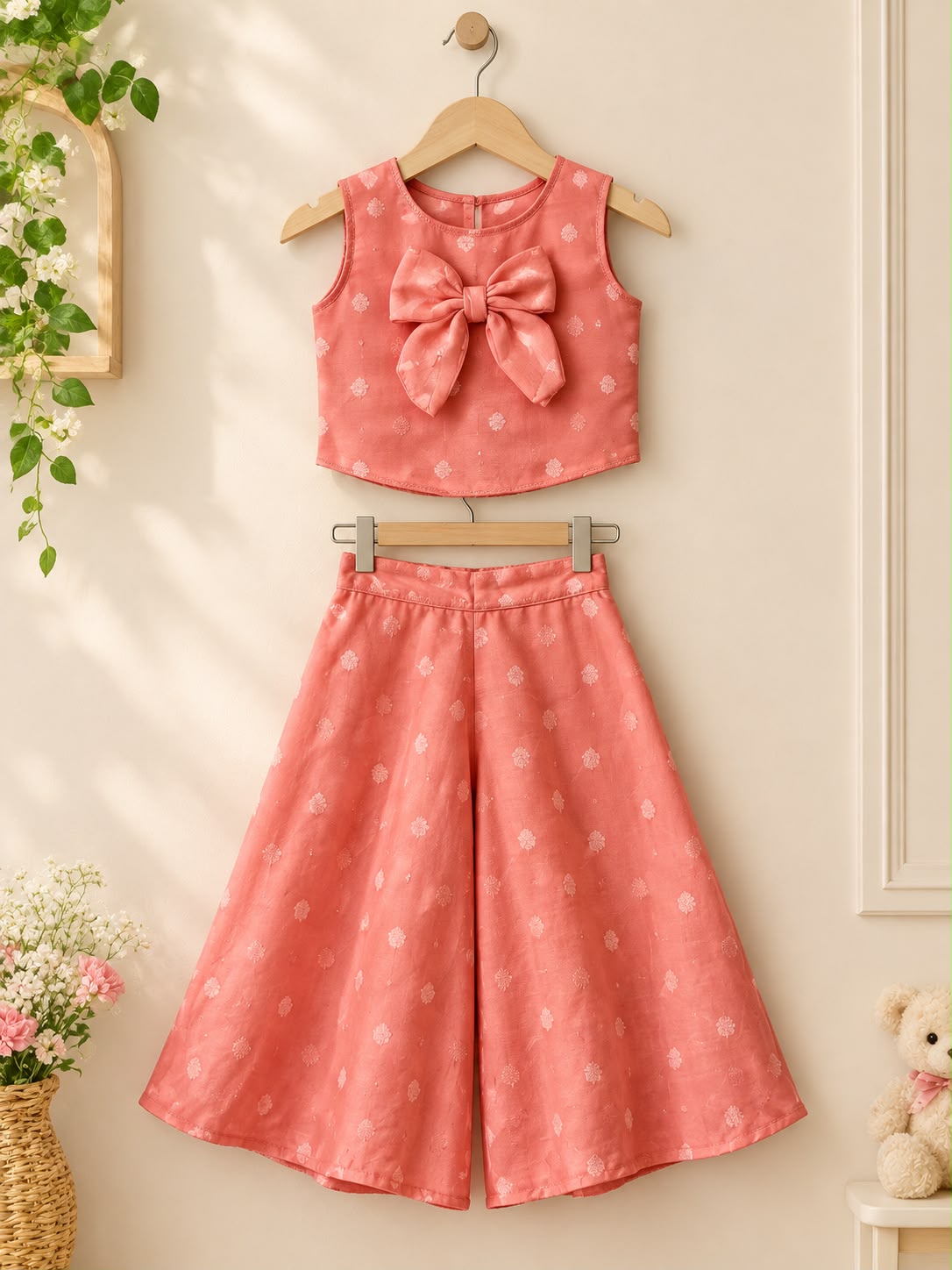 Coral Pink Bow Crop Top Palazzo Set photo 4
