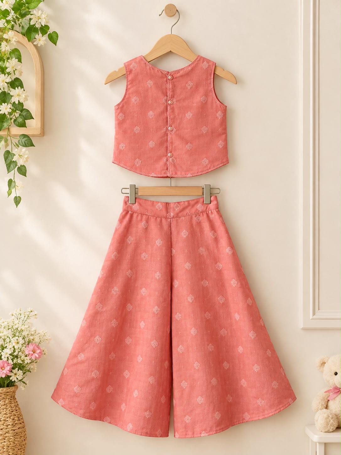Coral Pink Bow Crop Top Palazzo Set photo 5