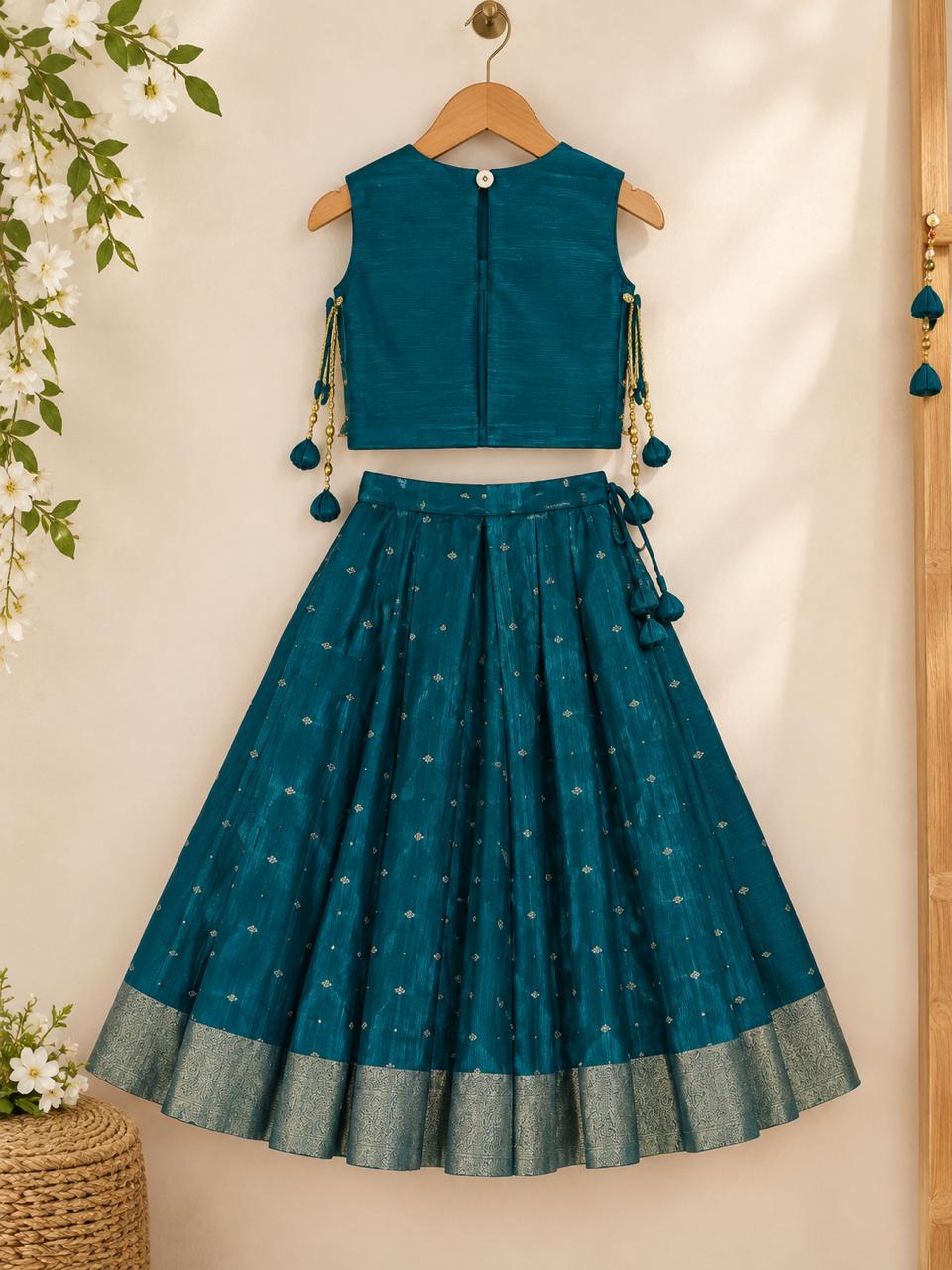 Peacock Teal Gold Butti Silk Lehanga Set photo 3