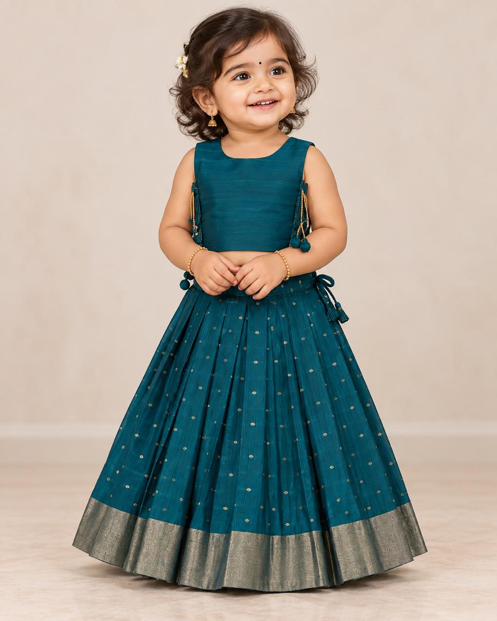 Peacock Teal Gold Butti Silk Lehanga Set photo 4