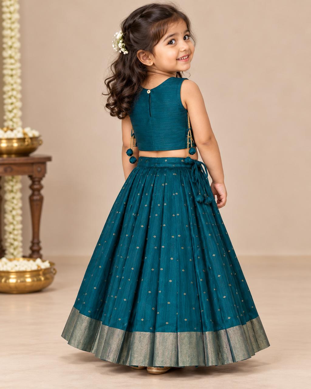 Peacock Teal Gold Butti Silk Lehanga Set photo 5
