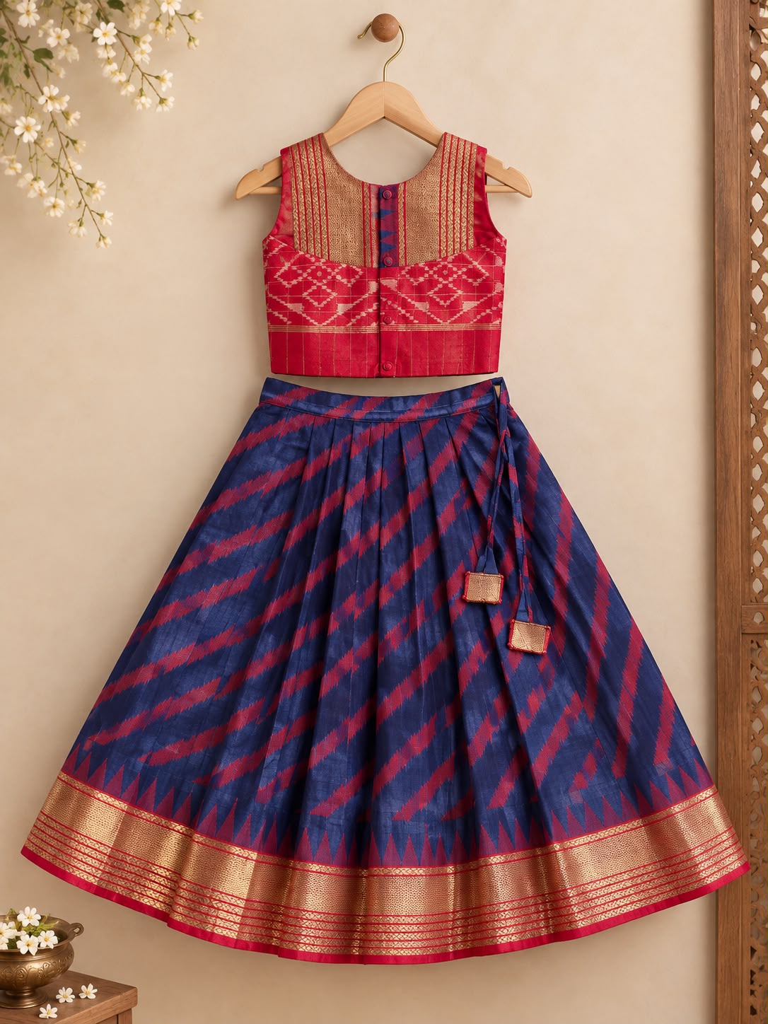 Royal Blue Crimson Leheriya Silk Lehanga photo 4