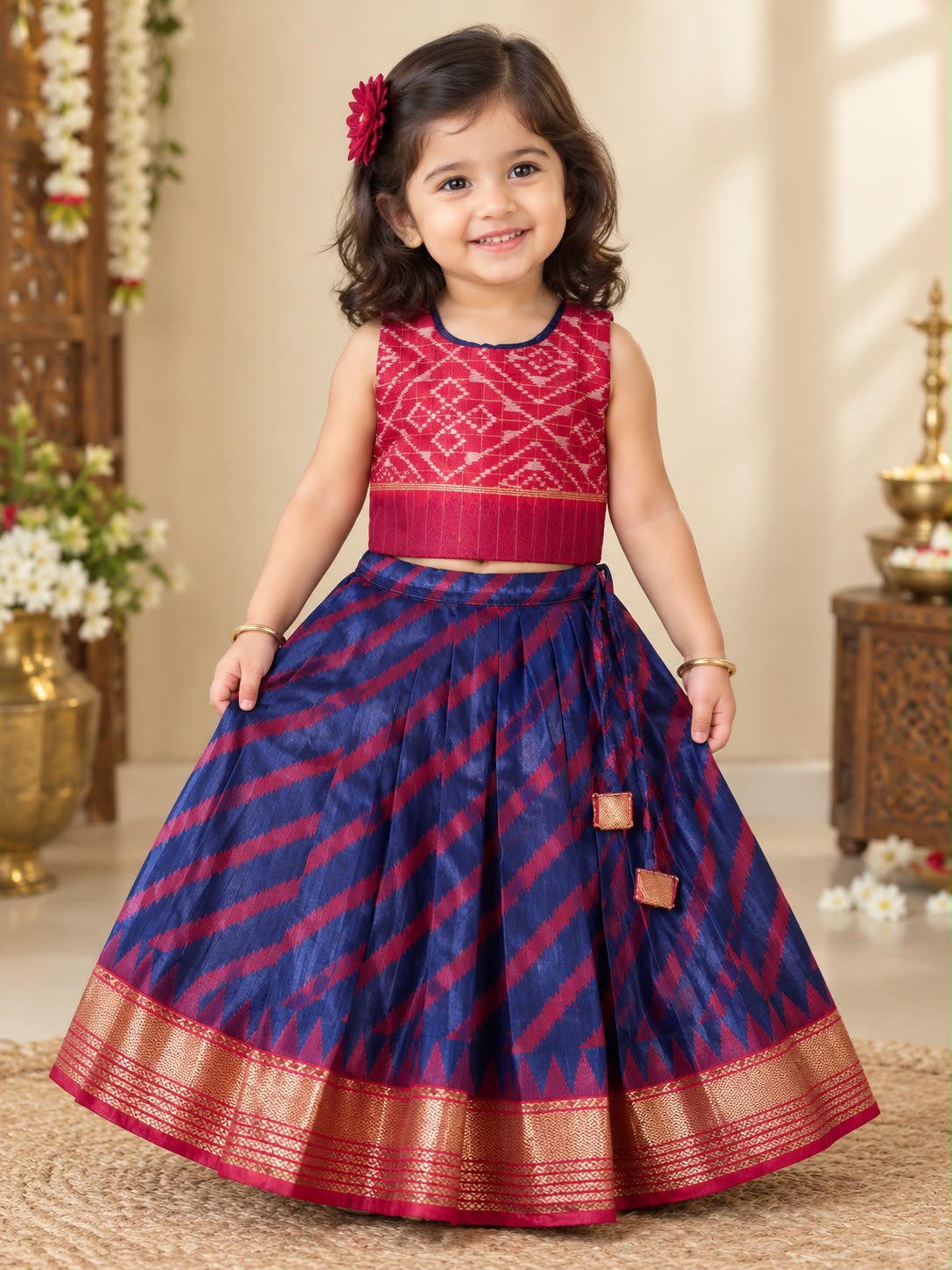 Royal Blue Crimson Leheriya Silk Lehanga photo 5