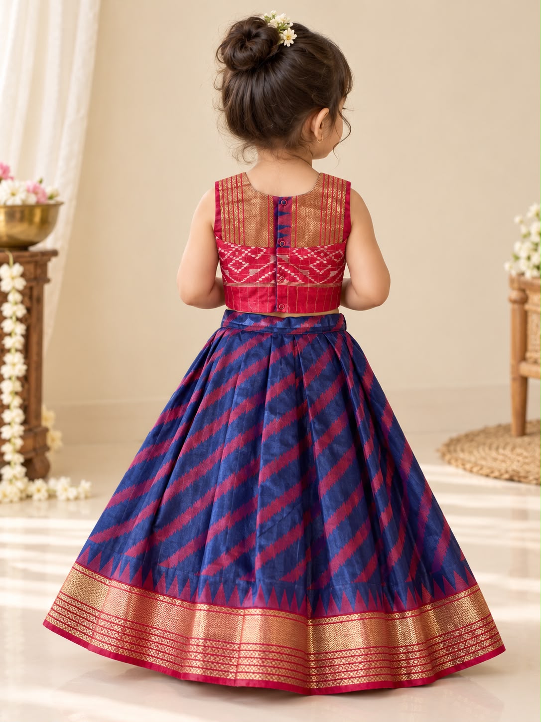 Royal Blue Crimson Leheriya Silk Lehanga photo 6