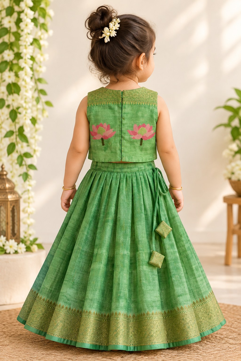 Green Lotus Floral Printed Silk Lehenga Set photo 3