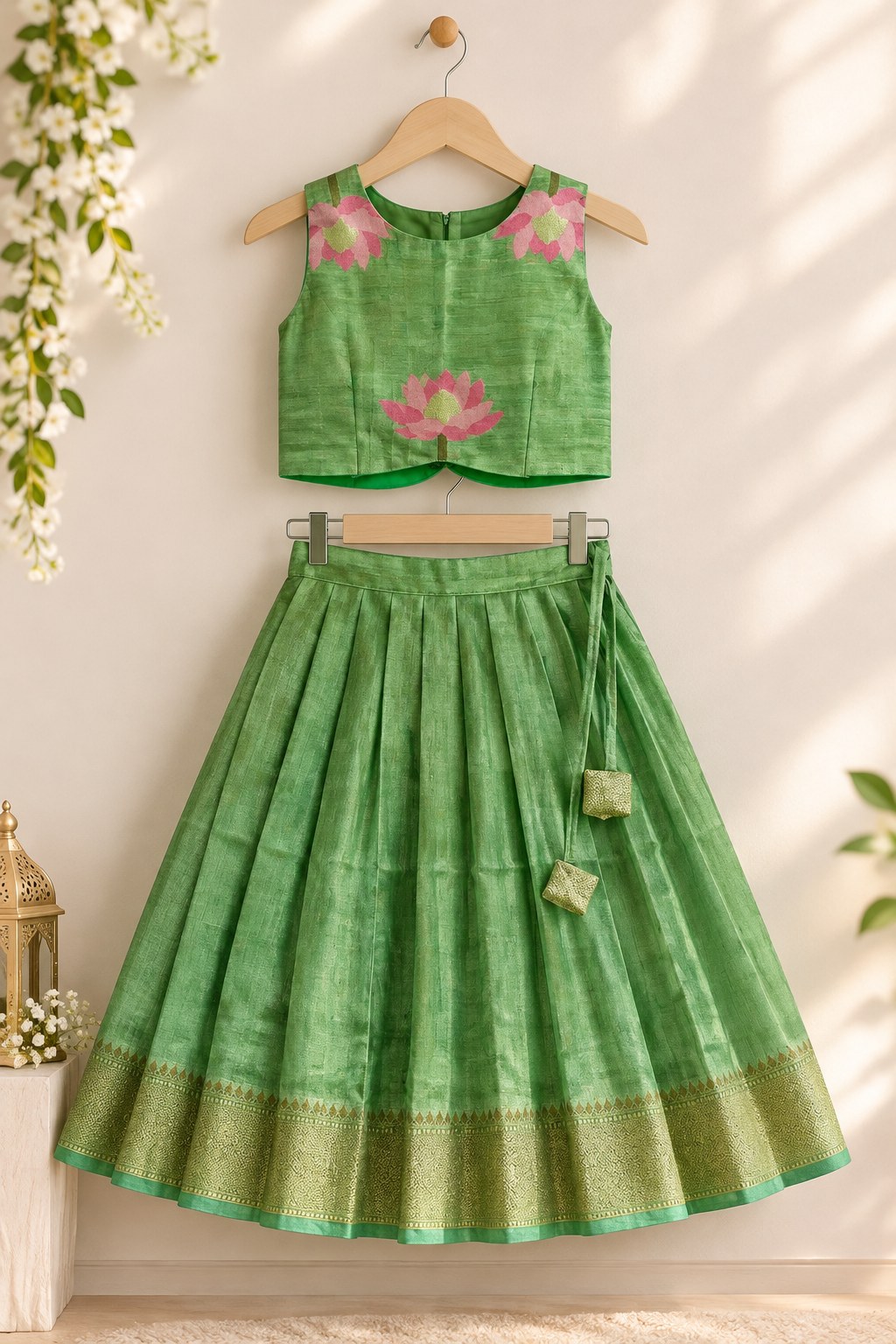 Green Lotus Floral Printed Silk Lehenga Set photo 4