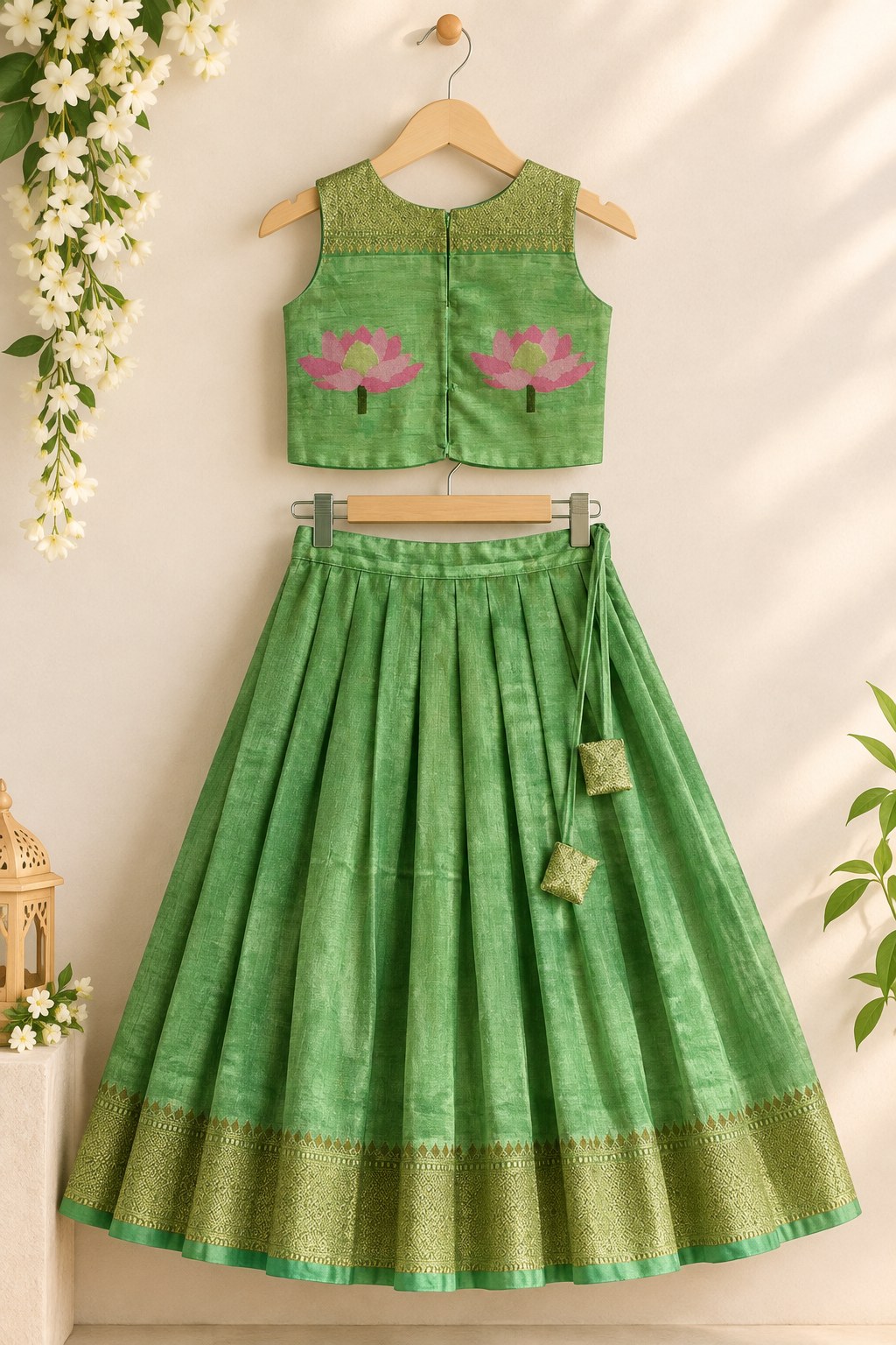Green Lotus Floral Printed Silk Lehenga Set photo 5