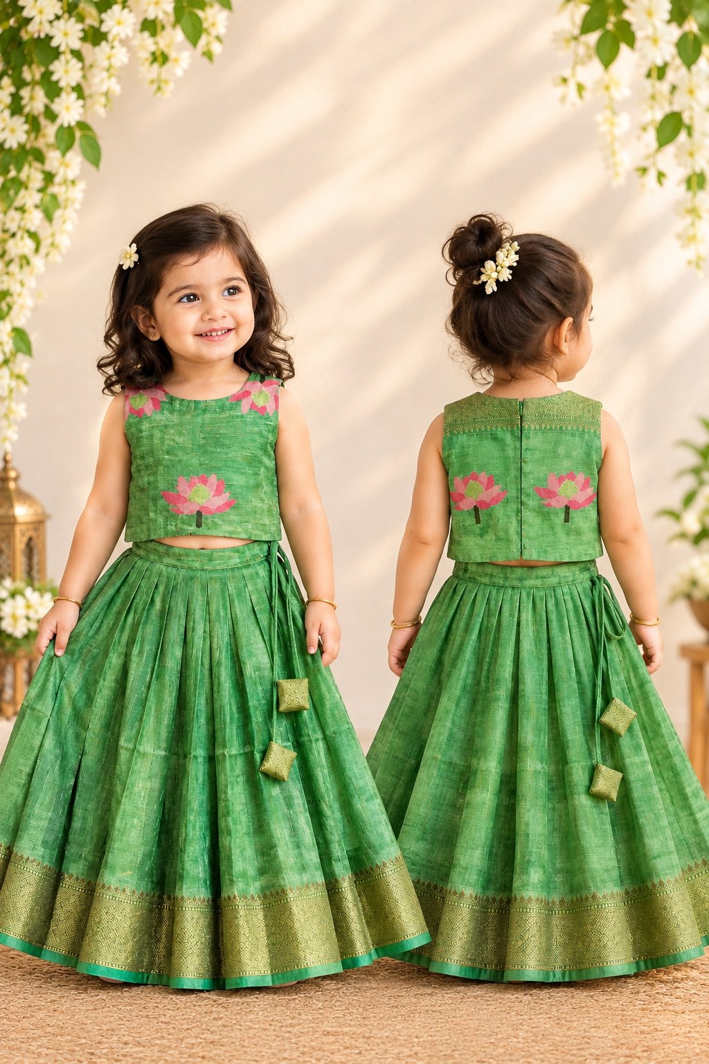 Green Lotus Floral Printed Silk Lehenga Set photo 6