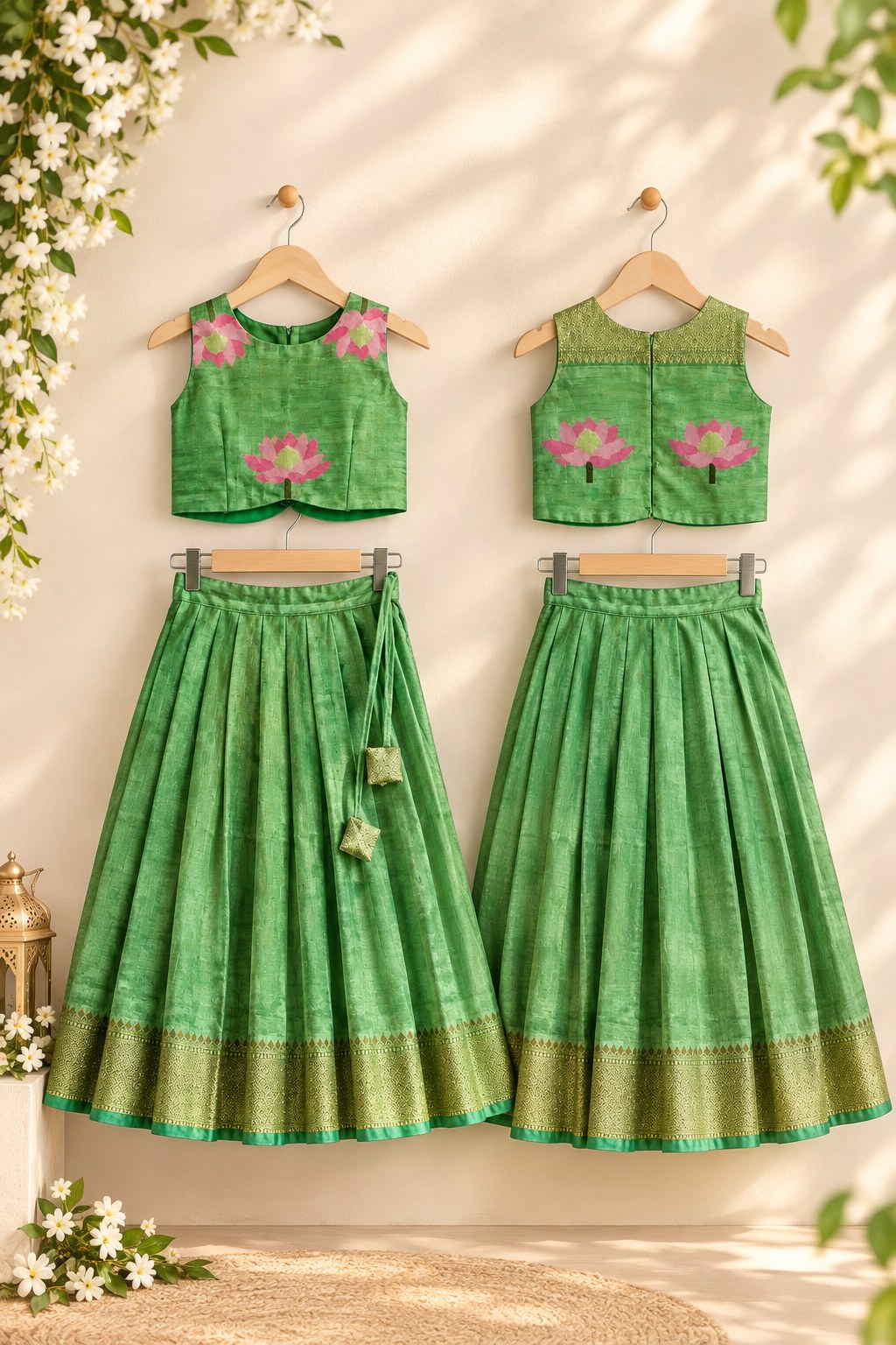 Green Lotus Floral Printed Silk Lehenga Set photo 7