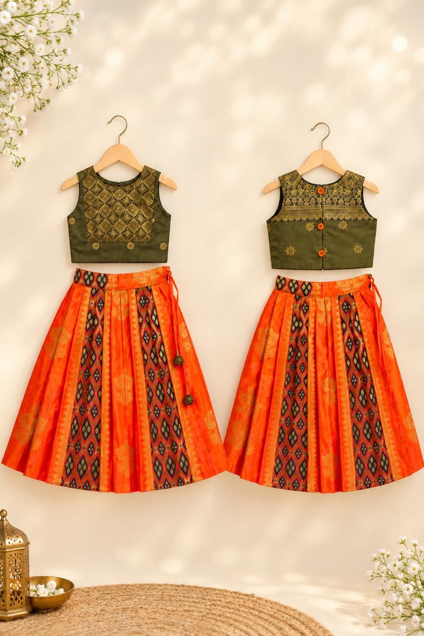Orange & Olive Gold Motif Lehanga photo 3