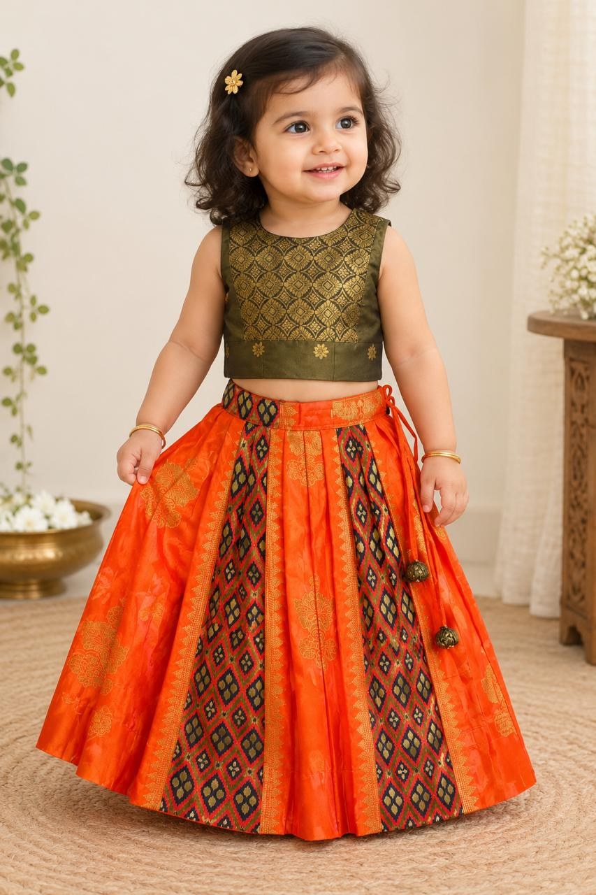 Orange & Olive Gold Motif Lehanga