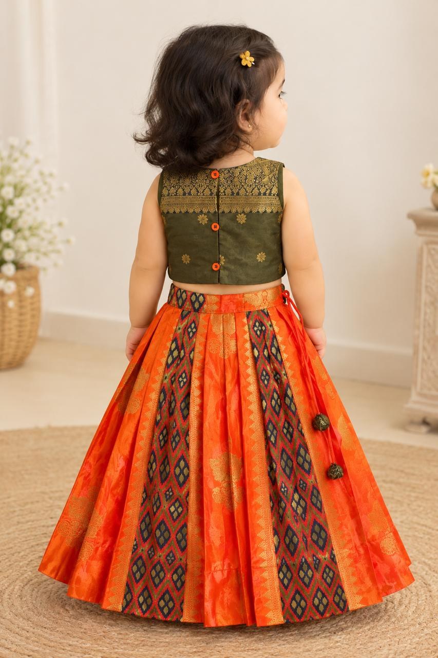 Orange & Olive Gold Motif Lehanga photo 4