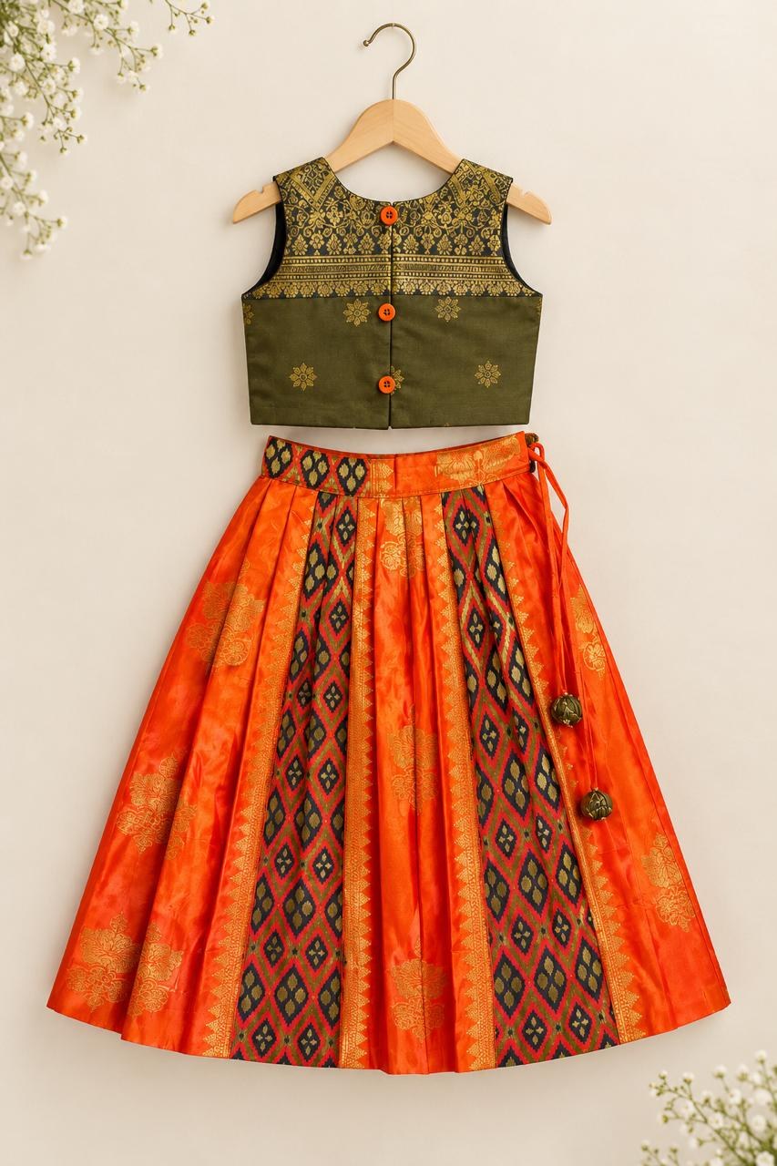 Orange & Olive Gold Motif Lehanga photo 5