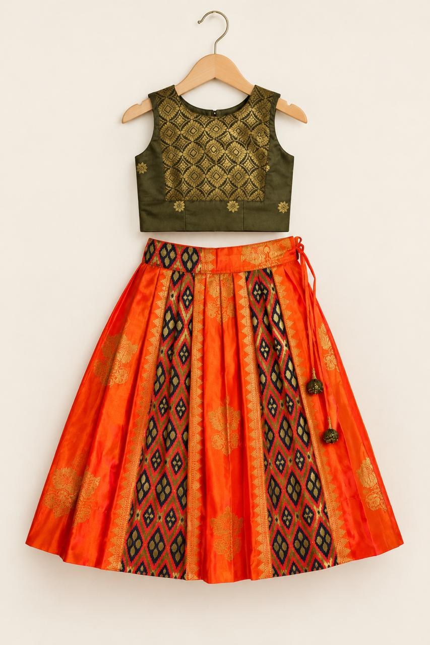 Orange & Olive Gold Motif Lehanga photo 6