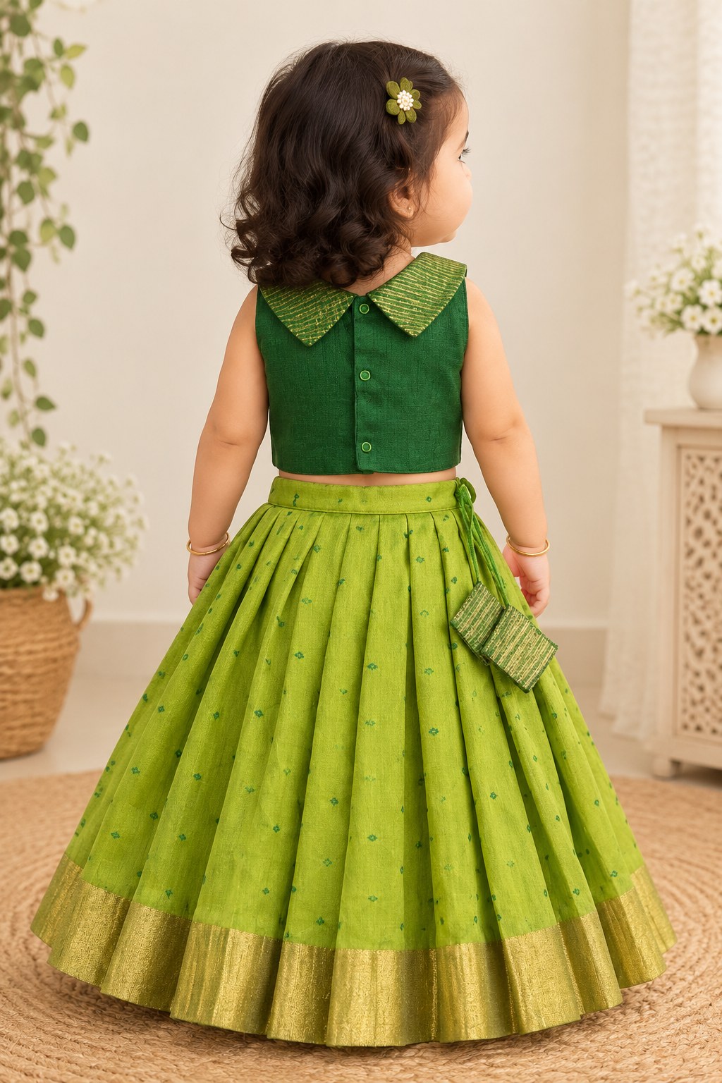 Emerald Green & Lime Green Golden Zari Silk Lehenga photo 3