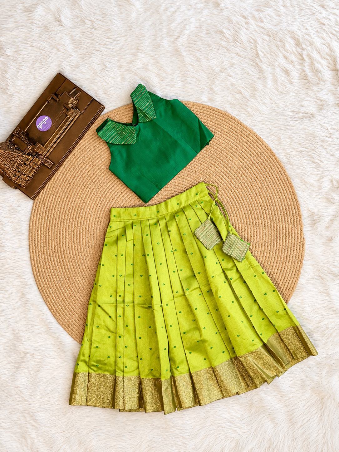 Emerald Green & Lime Green Golden Zari Silk Lehenga