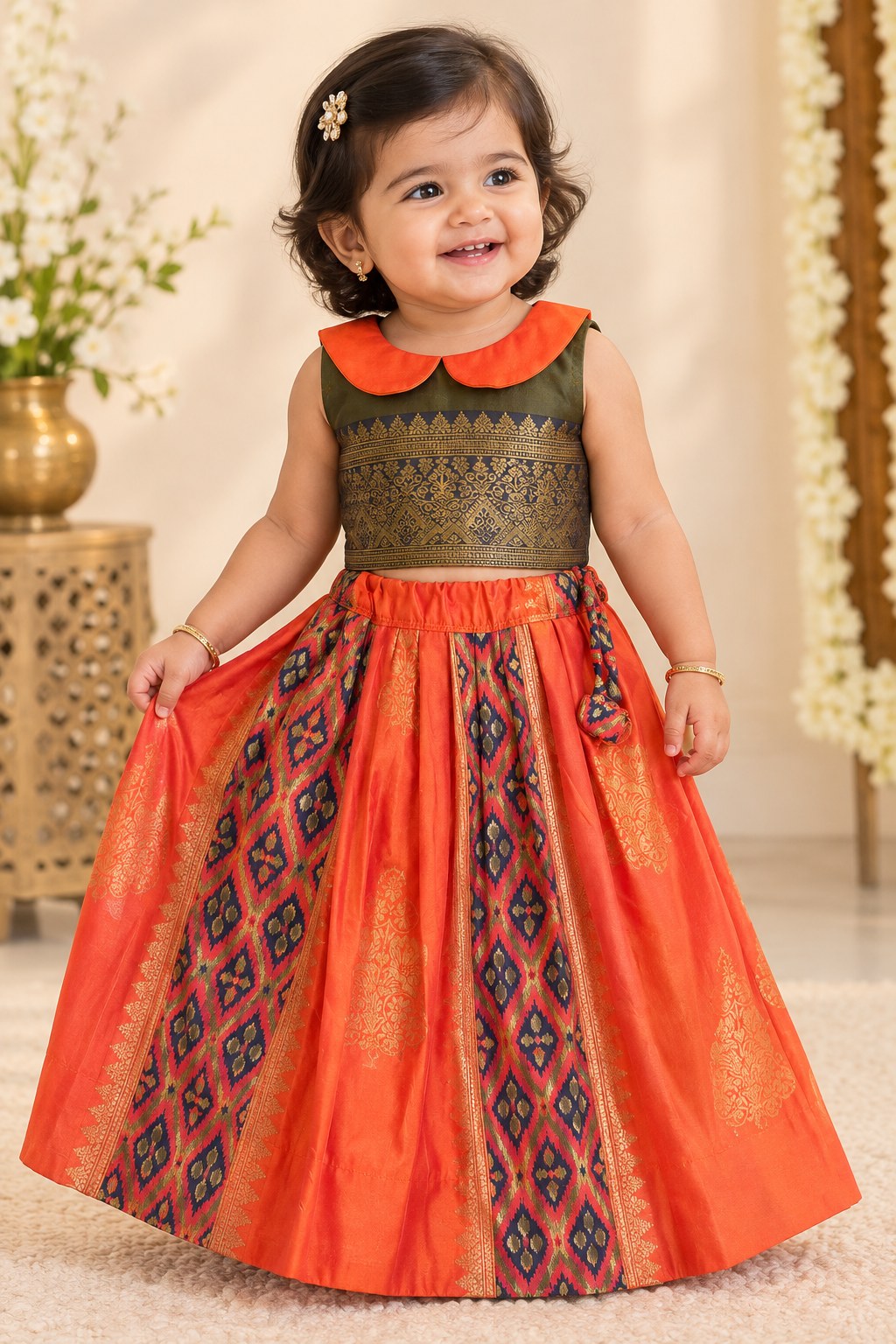 Coral Orange & Olive Green Brocade Festive Lehenga