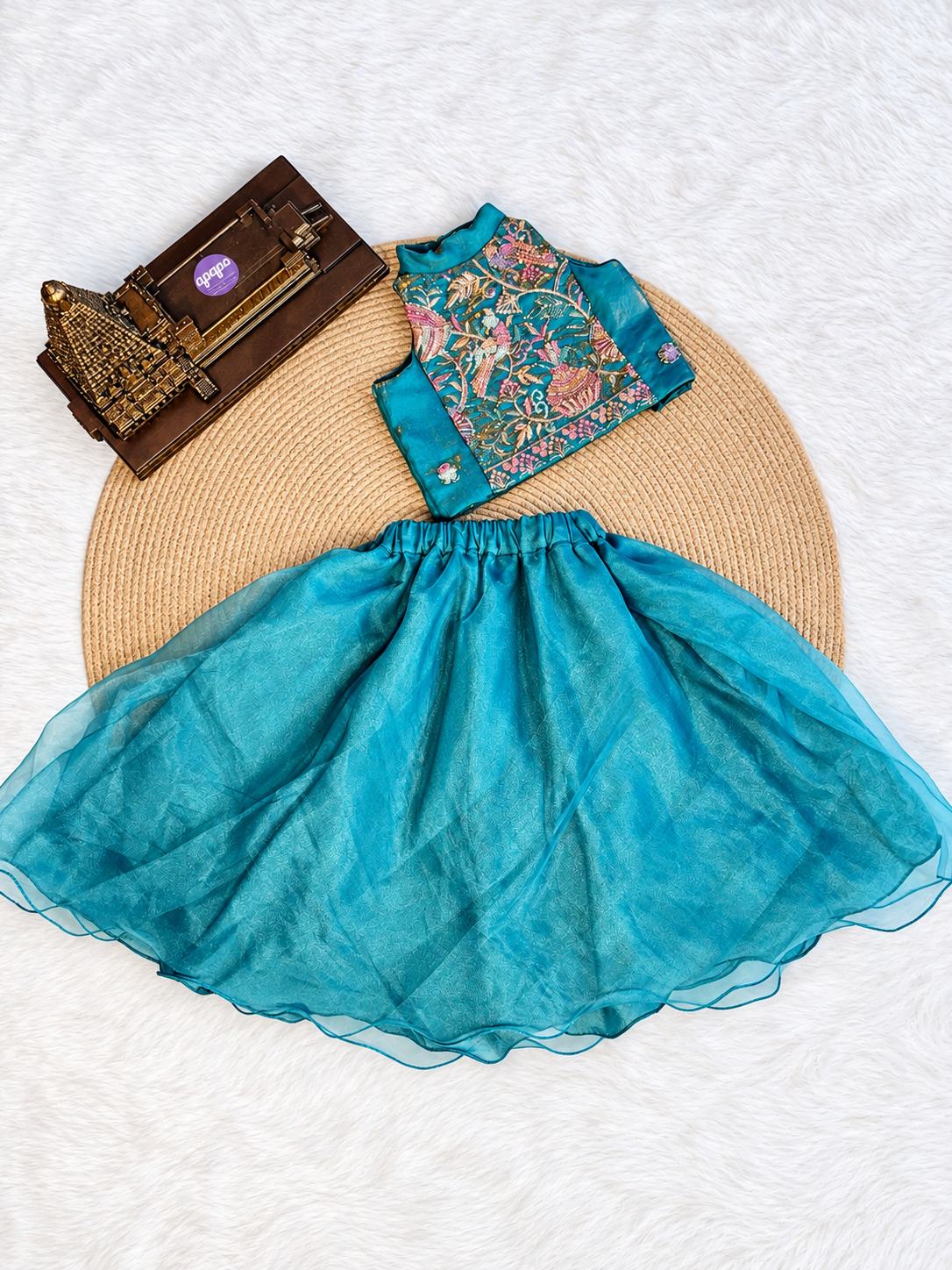 Teal Blue Embroidered Girls’ Lehenga