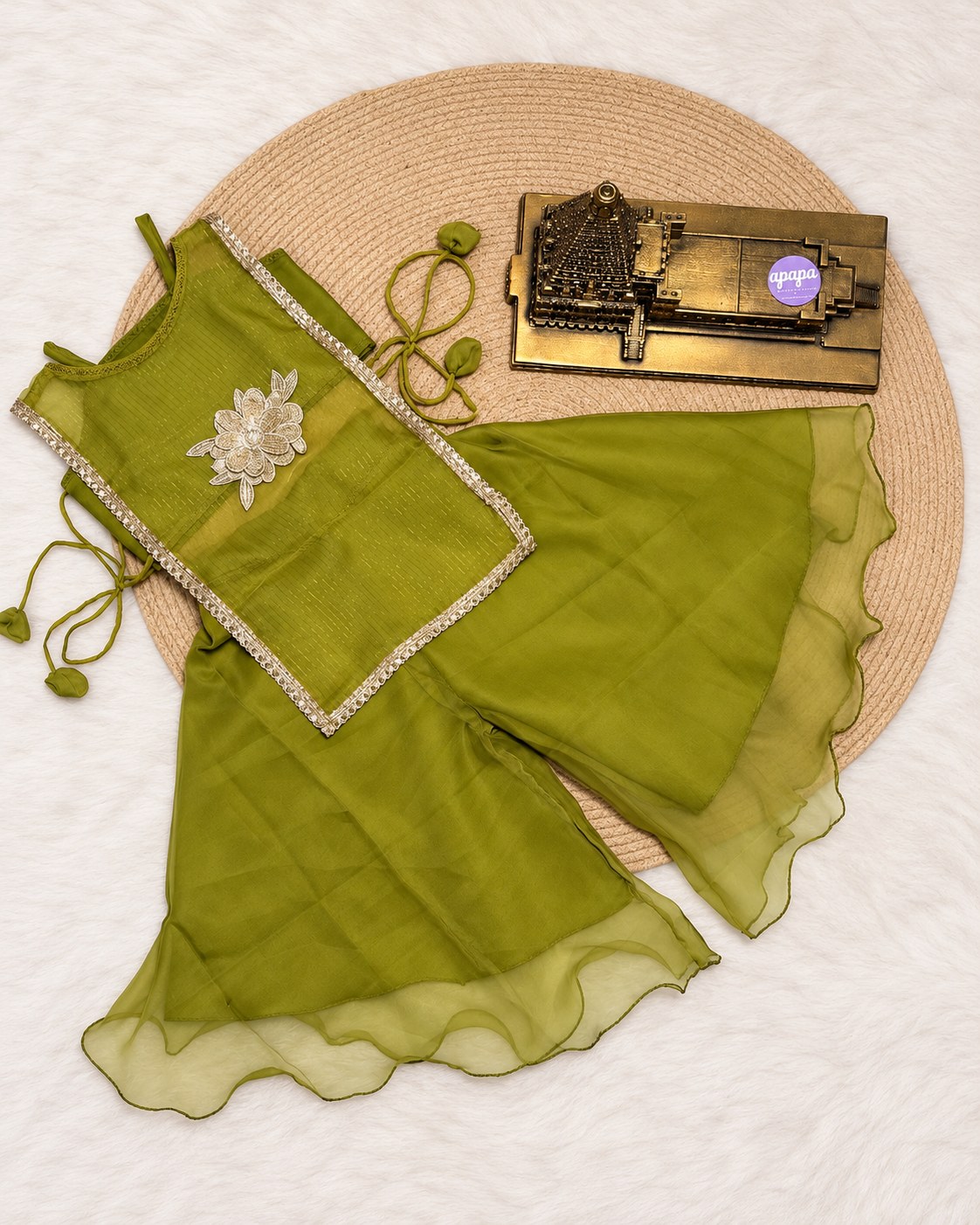 Olive Green Floral Embroidered Soft Organza Sharara Set