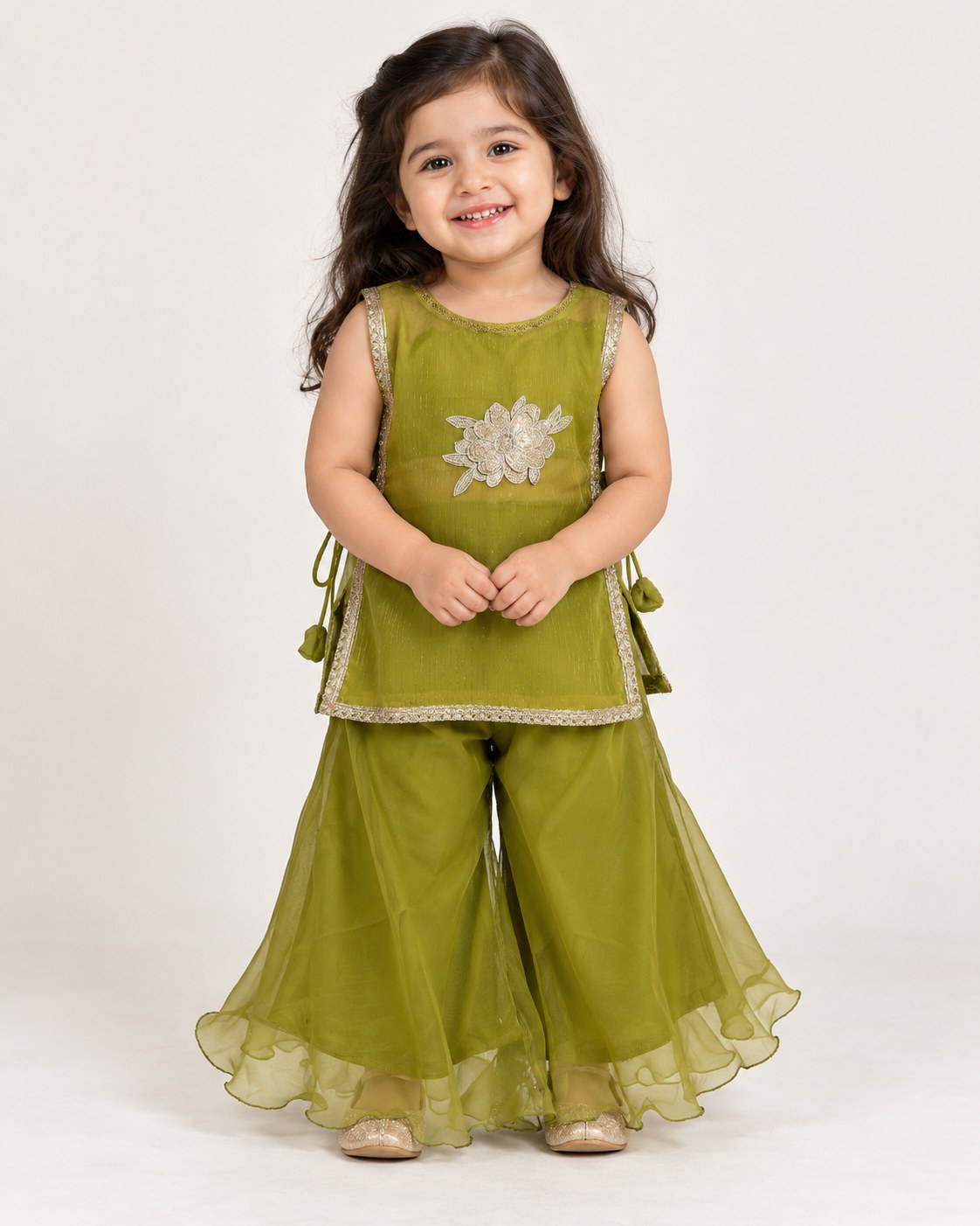 Olive Green Floral Embroidered Soft Organza Sharara Set photo 3
