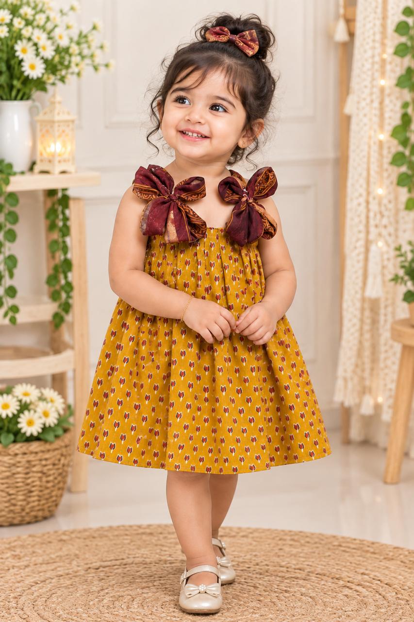 Mustard Ikat Bow Cotton Frock