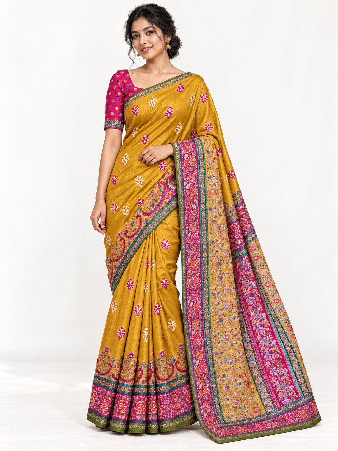 Mustard Gold Floral Border Silk Saree photo 5