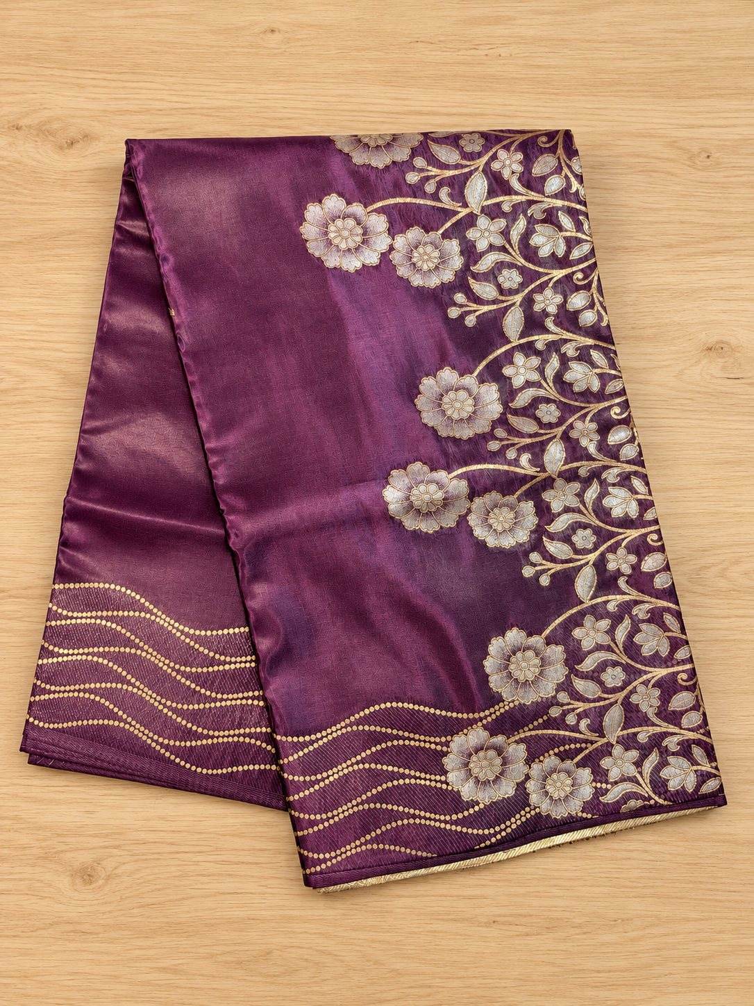 Plum Purple Silver Lotus Vine Silk Saree