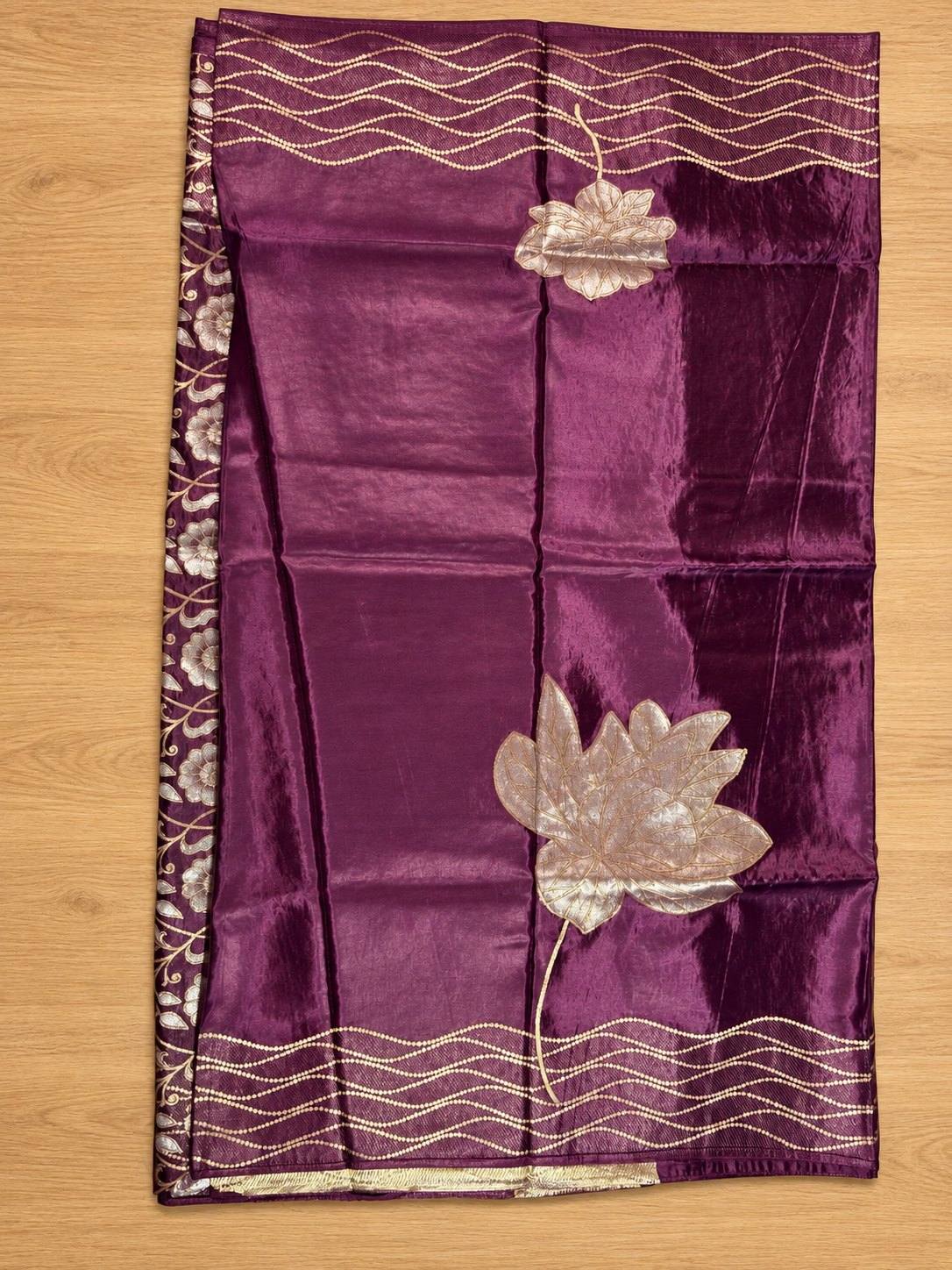 Plum Purple Silver Lotus Vine Silk Saree photo 3