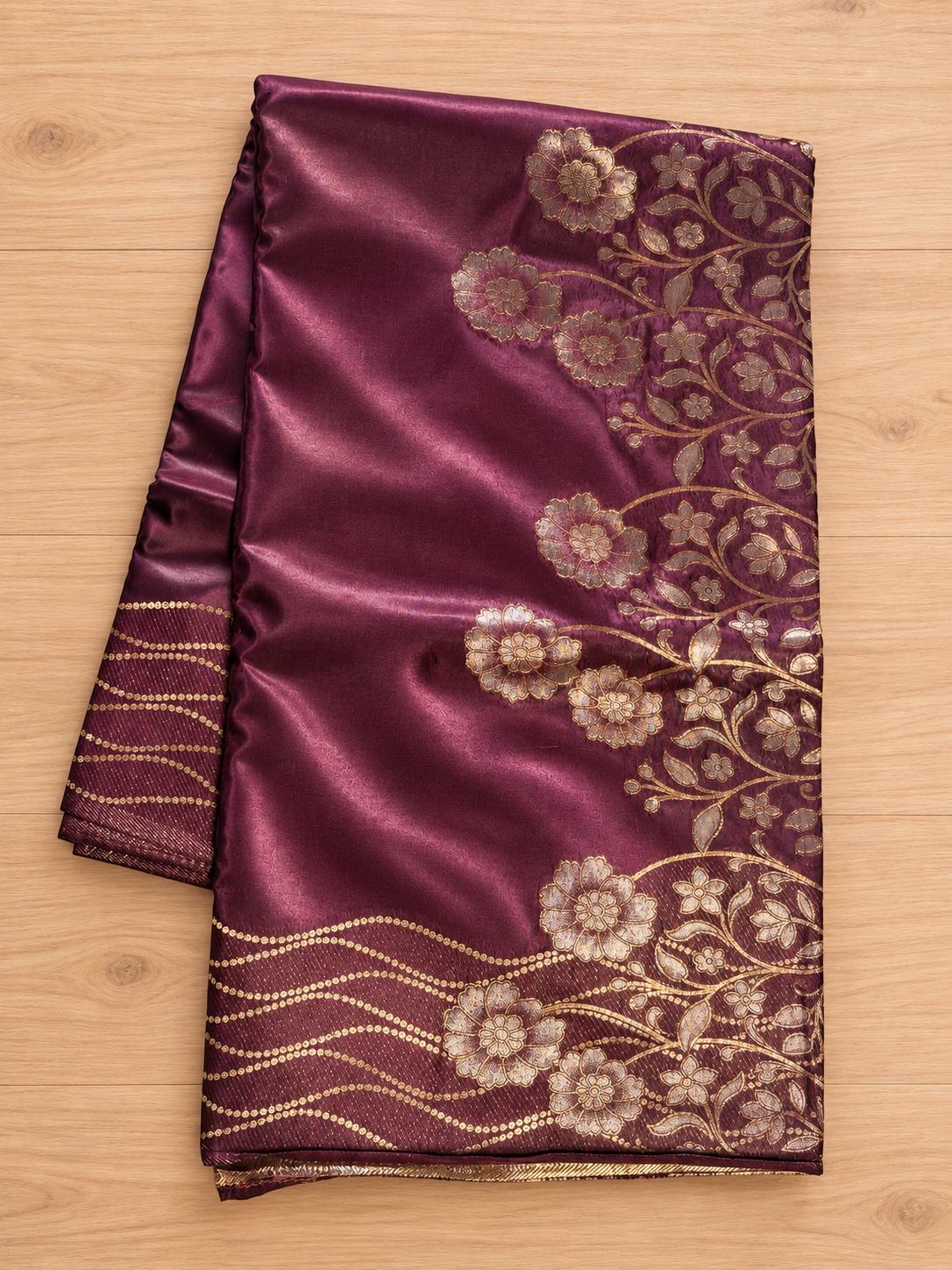Plum Purple Silver Lotus Vine Silk Saree photo 4