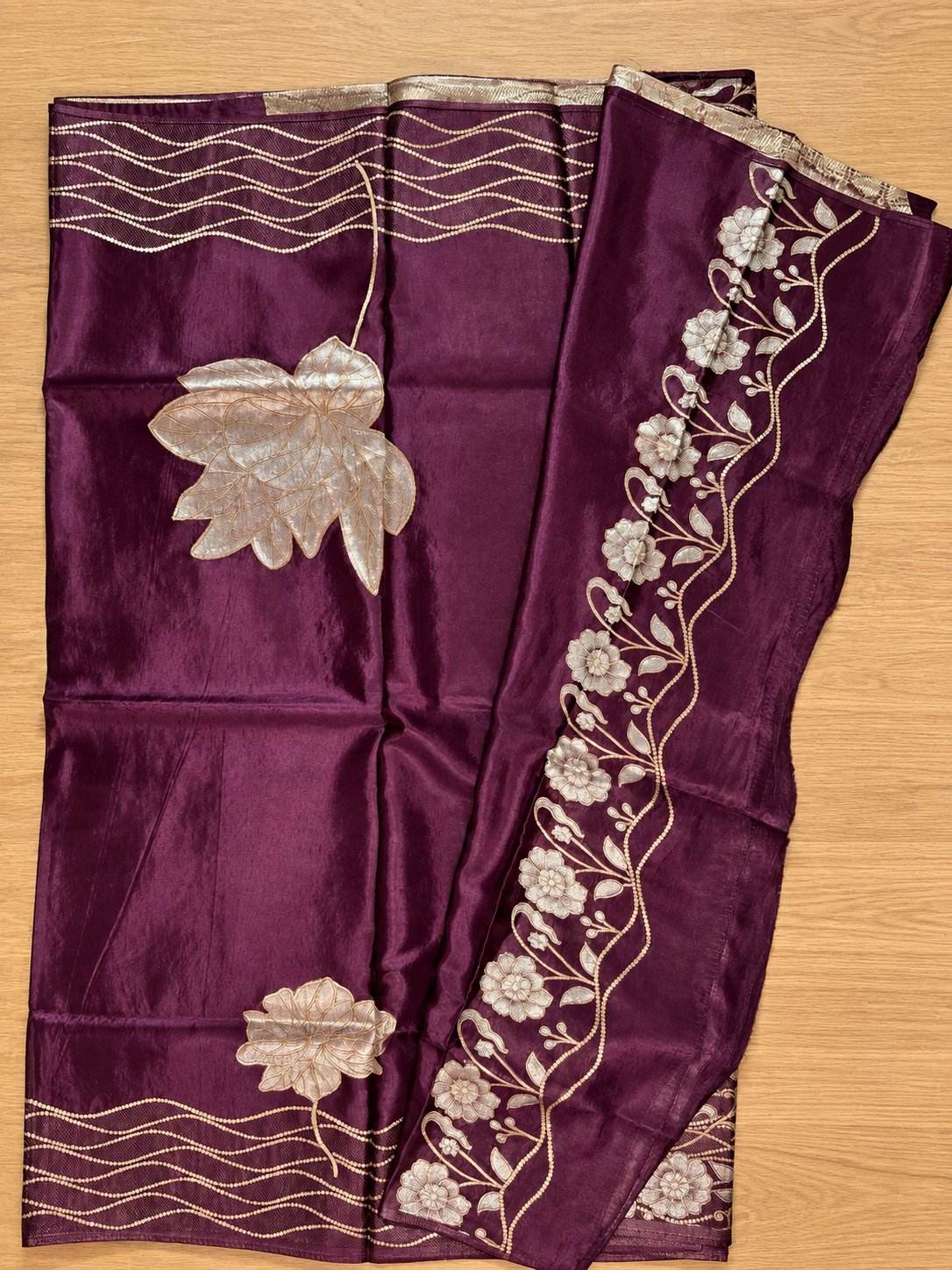 Plum Purple Silver Lotus Vine Silk Saree photo 5