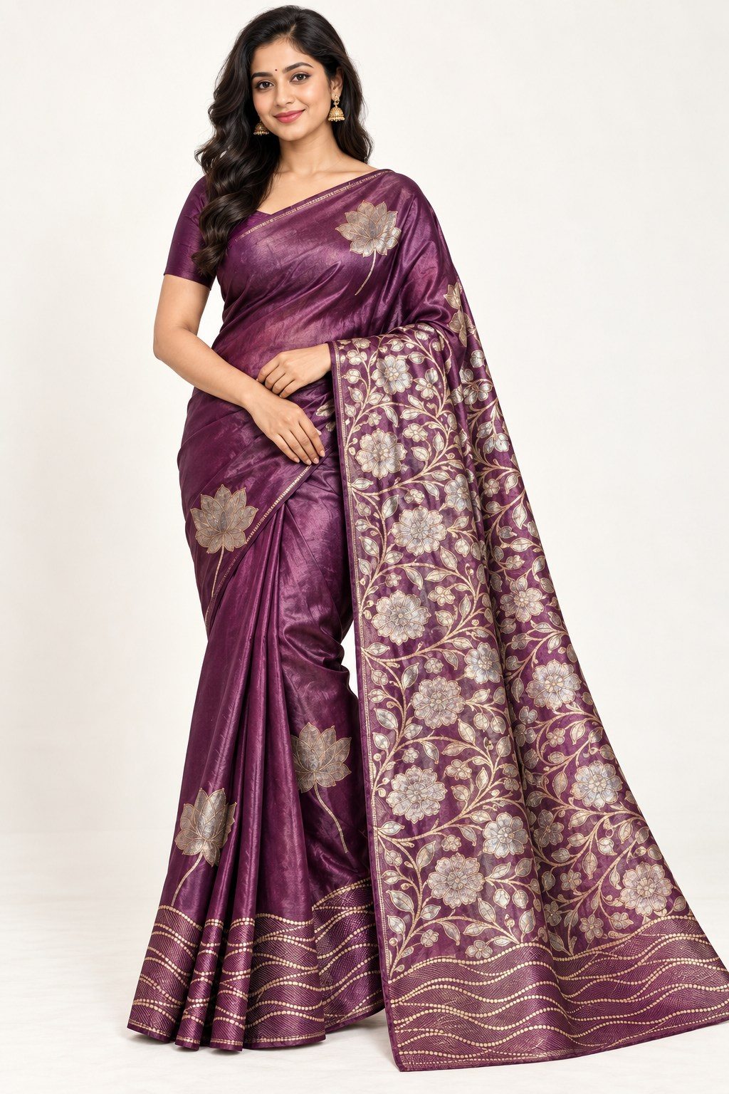 Plum Purple Silver Lotus Vine Silk Saree photo 6