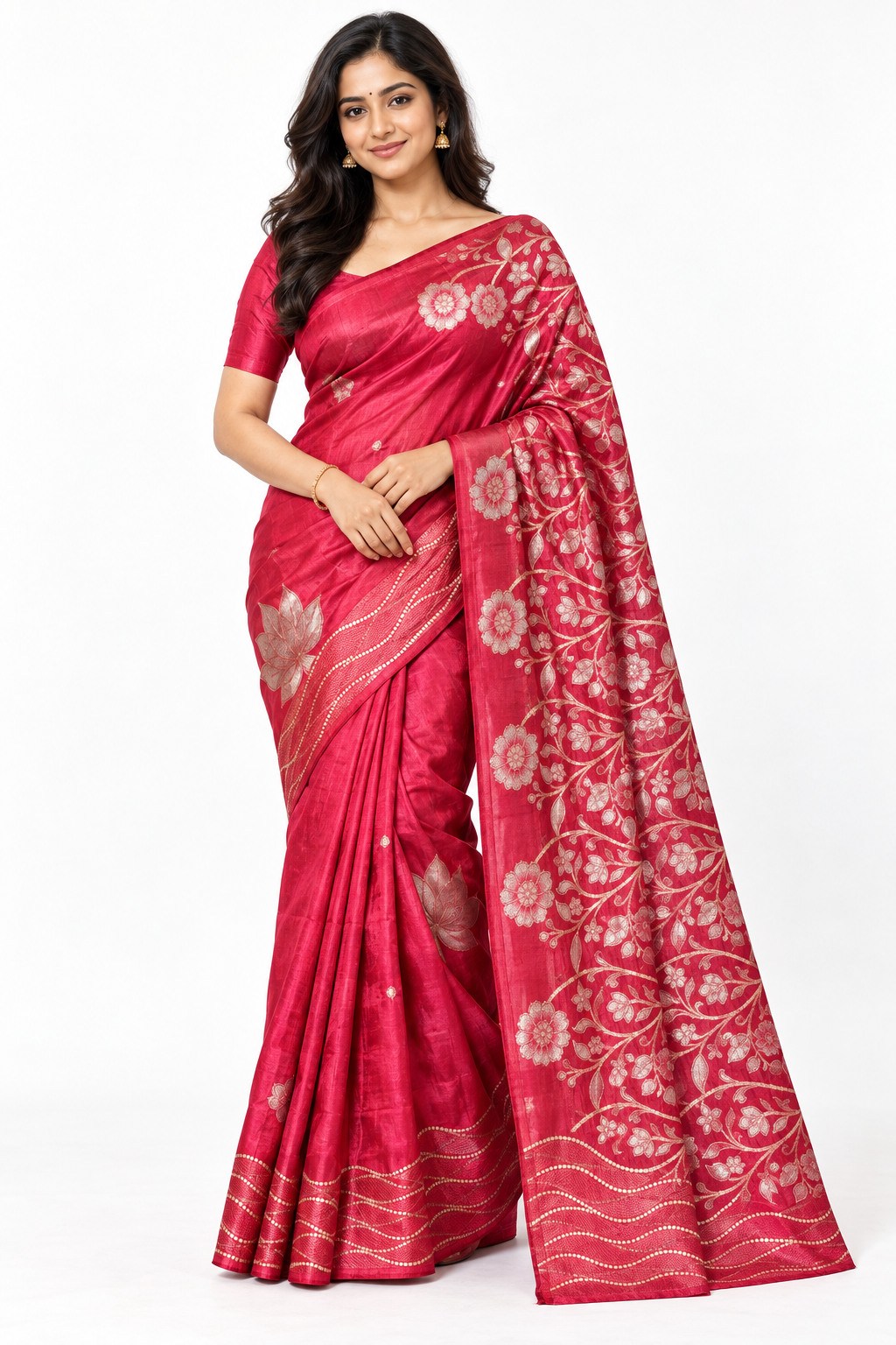 Rani Pink Silver Floral Vine Silk Saree photo 6