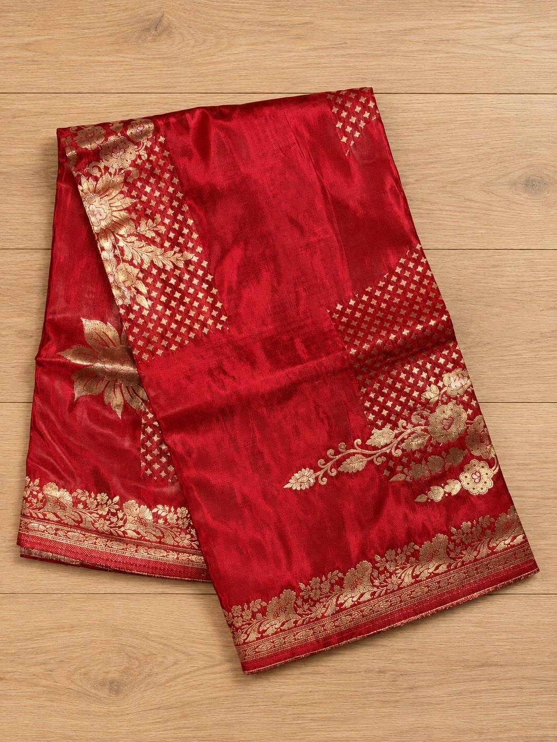 Ruby Red Gold Zari Floral Silk Saree